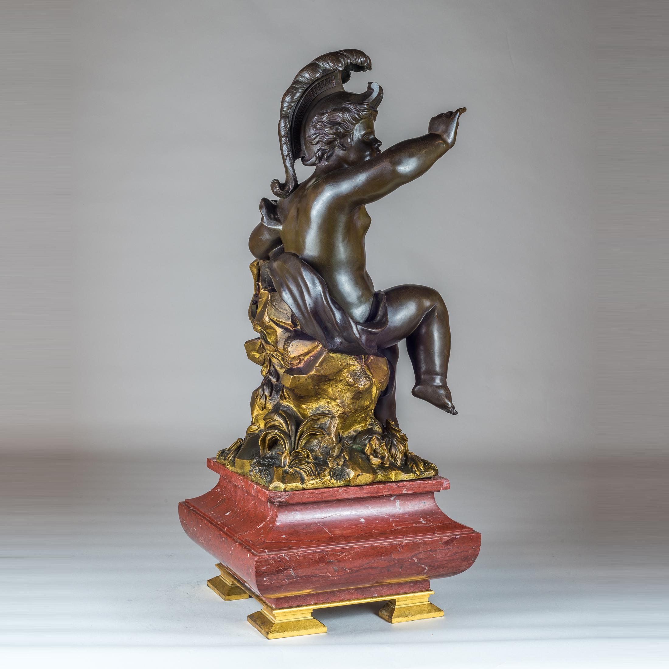 Large French Bronze and Rouge Marble Figural Mantel Clock In Good Condition In New York, NY