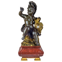 Large French Bronze and Rouge Marble Figural Mantel Clock