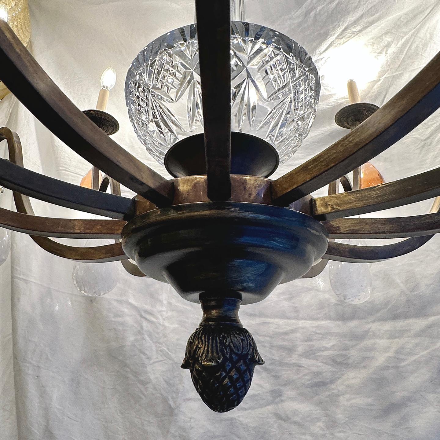 Mid-20th Century Large French Bronze Chandelier with Rock Crystal