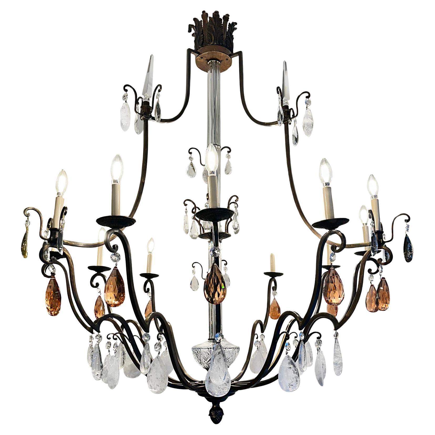 Large French Bronze Chandelier with Rock Crystal