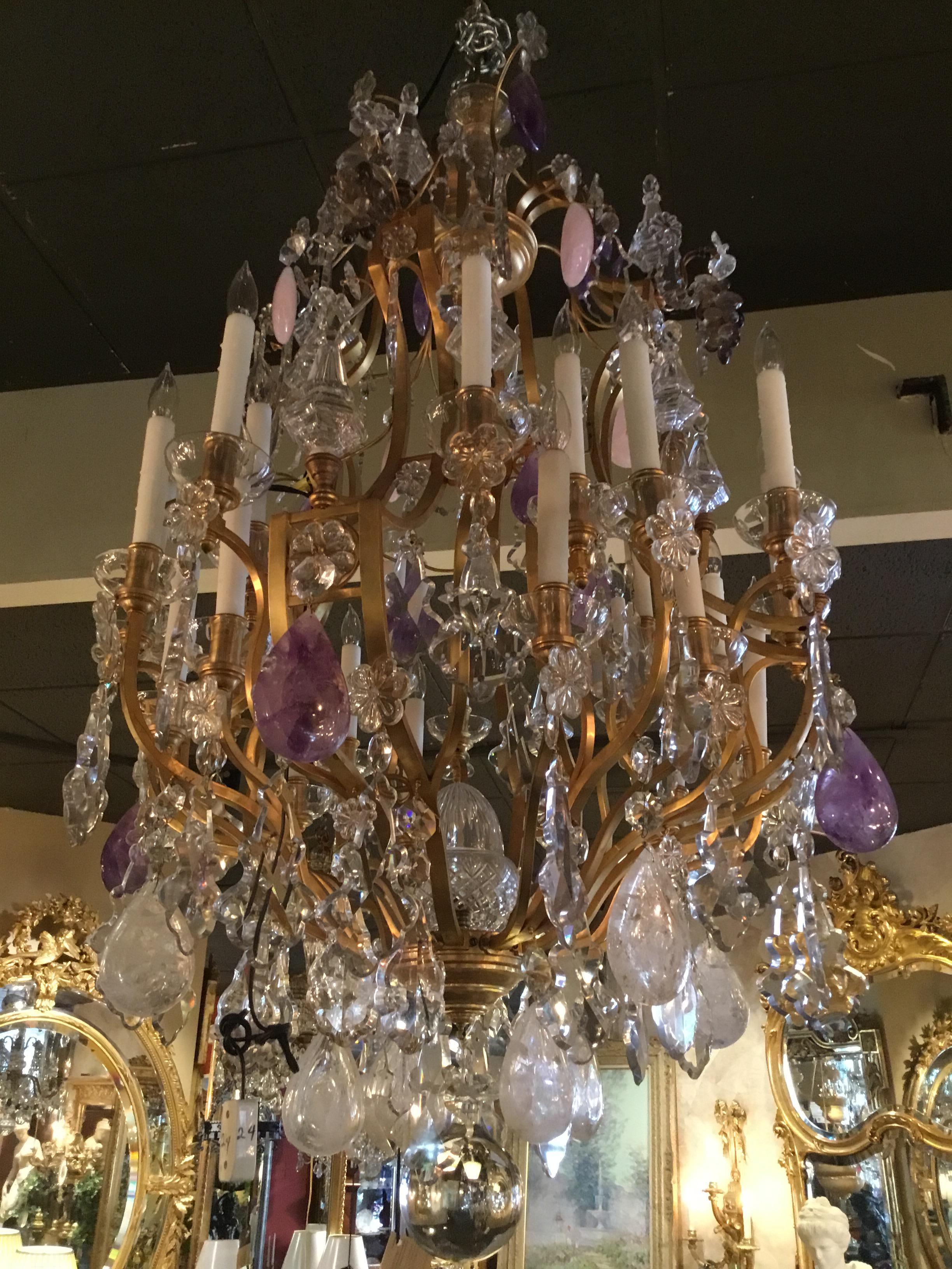 Large French Bronze Dore and Crystal Chandelier Palace size with rock crystal In Excellent Condition In Houston, TX