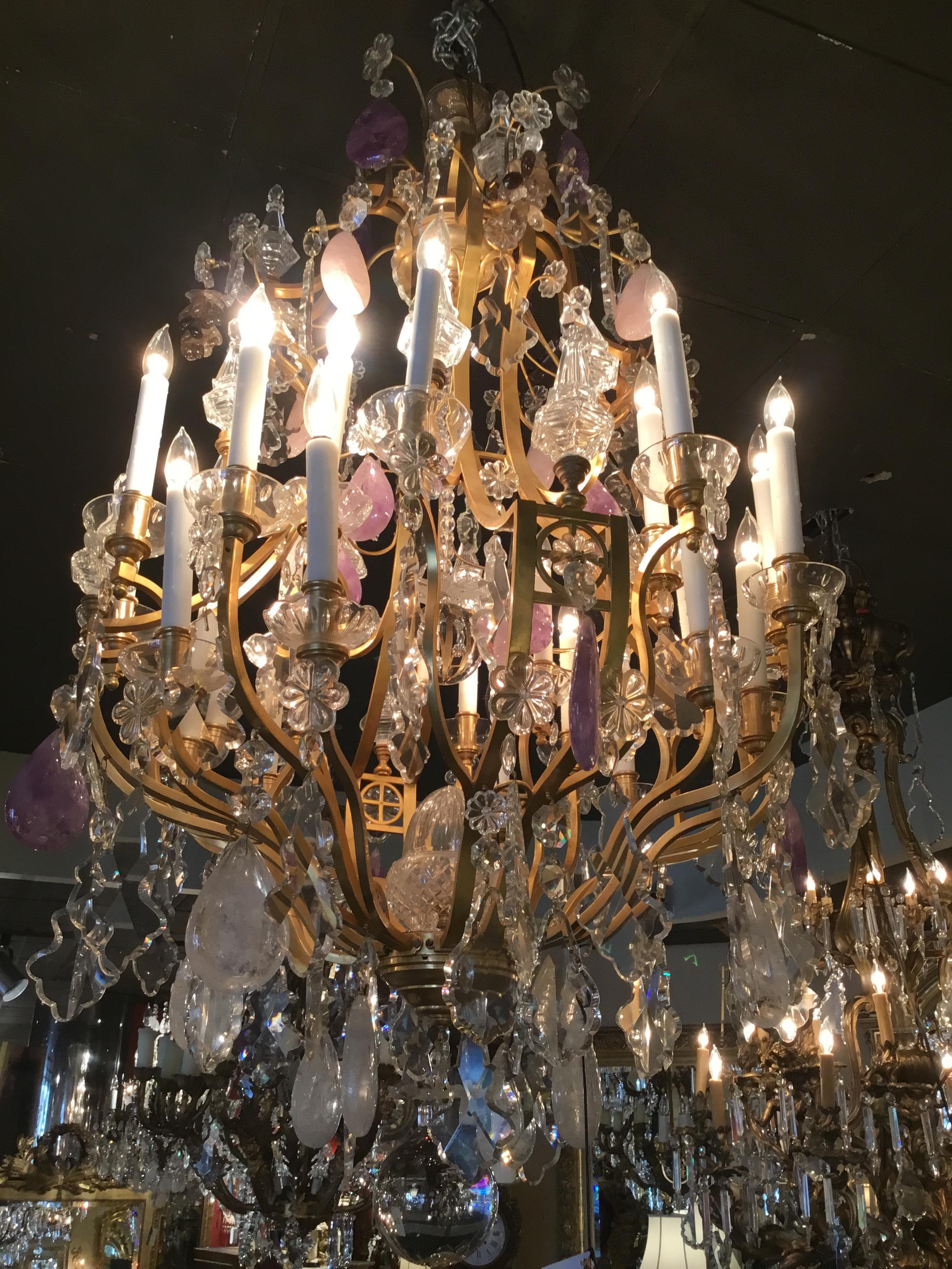 20th Century Large French Bronze Dore and Crystal Chandelier Palace size with rock crystal