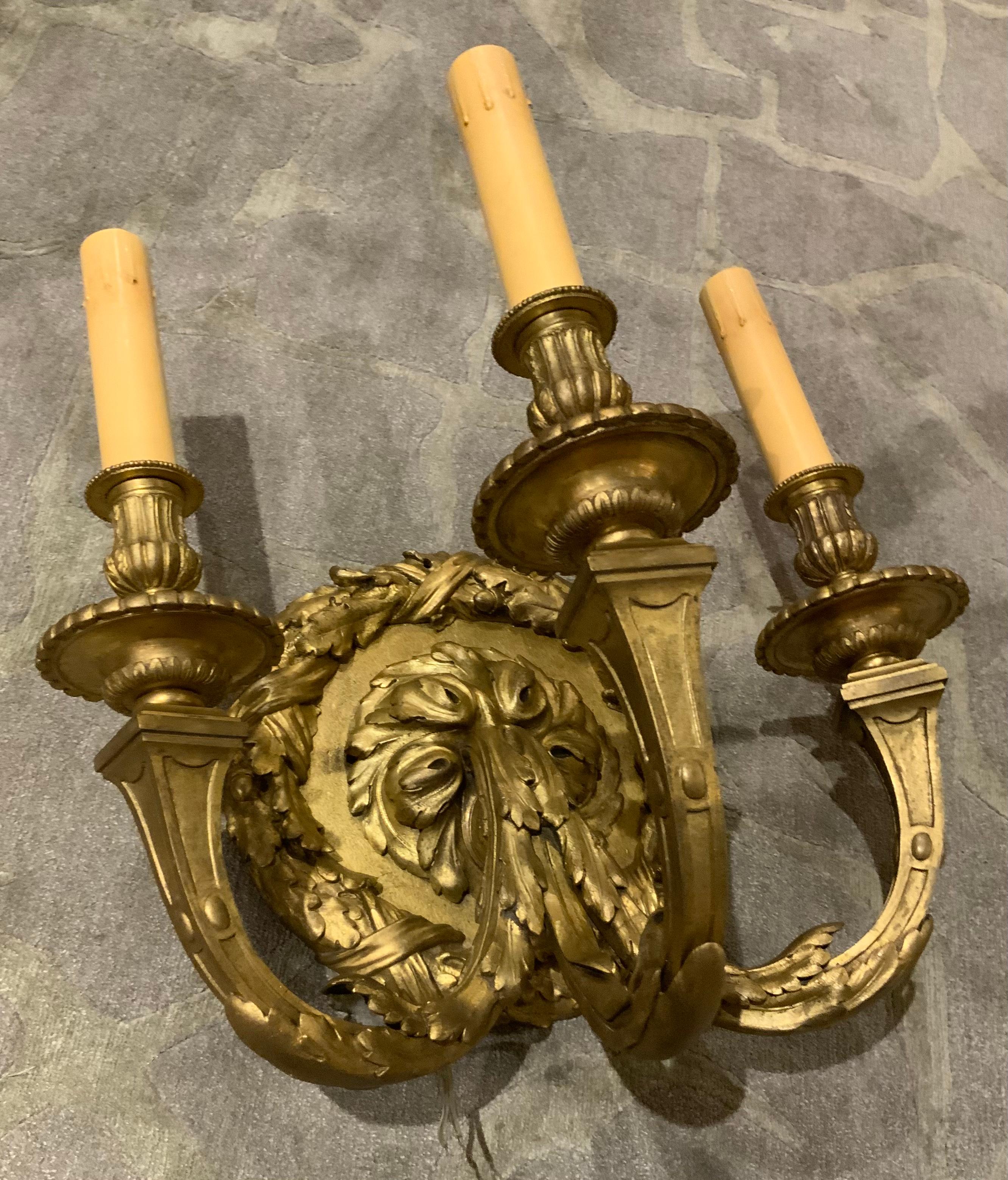 Large French Bronze Dore Single Light Sconce with Three Lights, Wired In Excellent Condition For Sale In Houston, TX