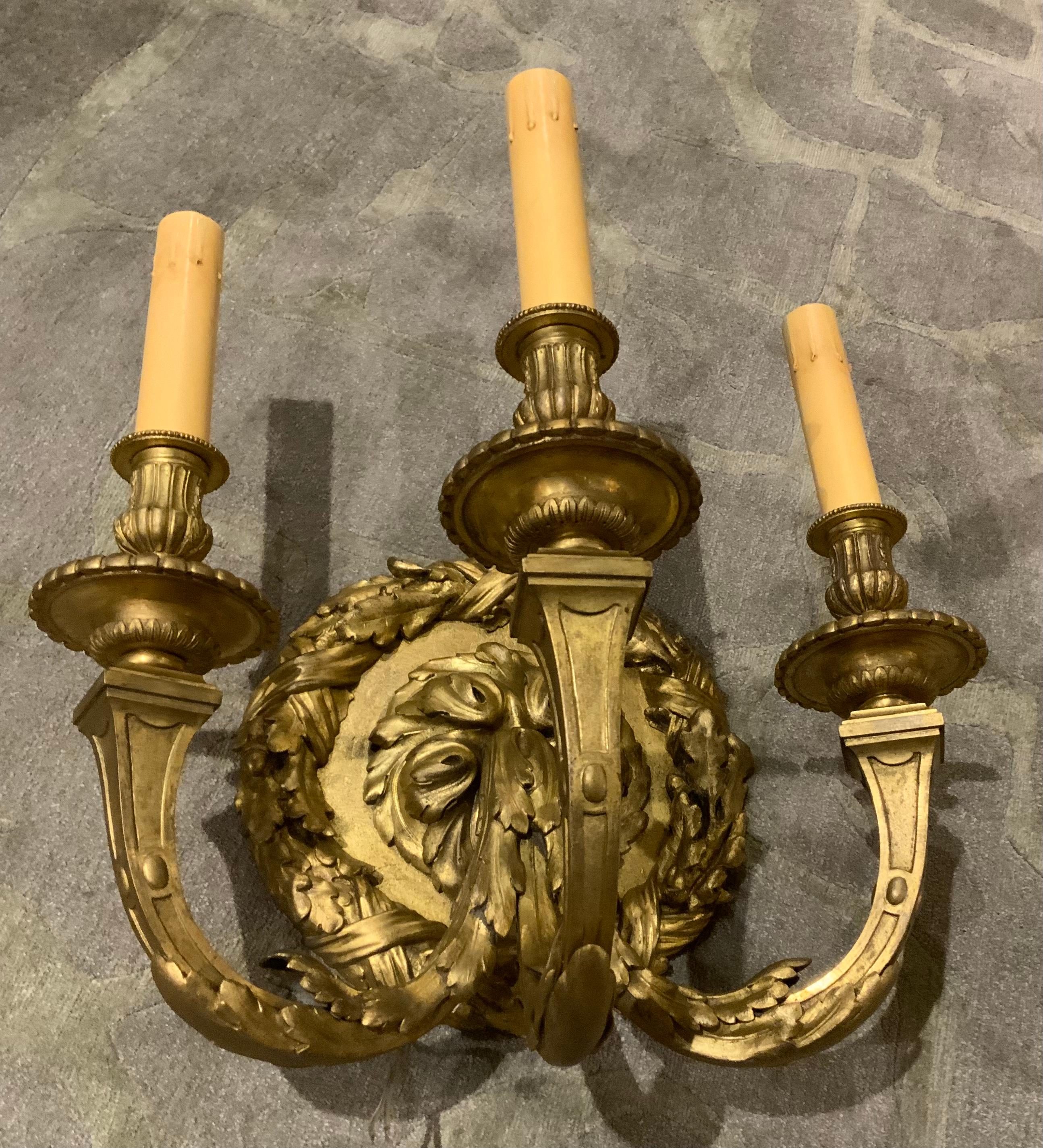 20th Century Large French Bronze Dore Single Light Sconce with Three Lights, Wired For Sale