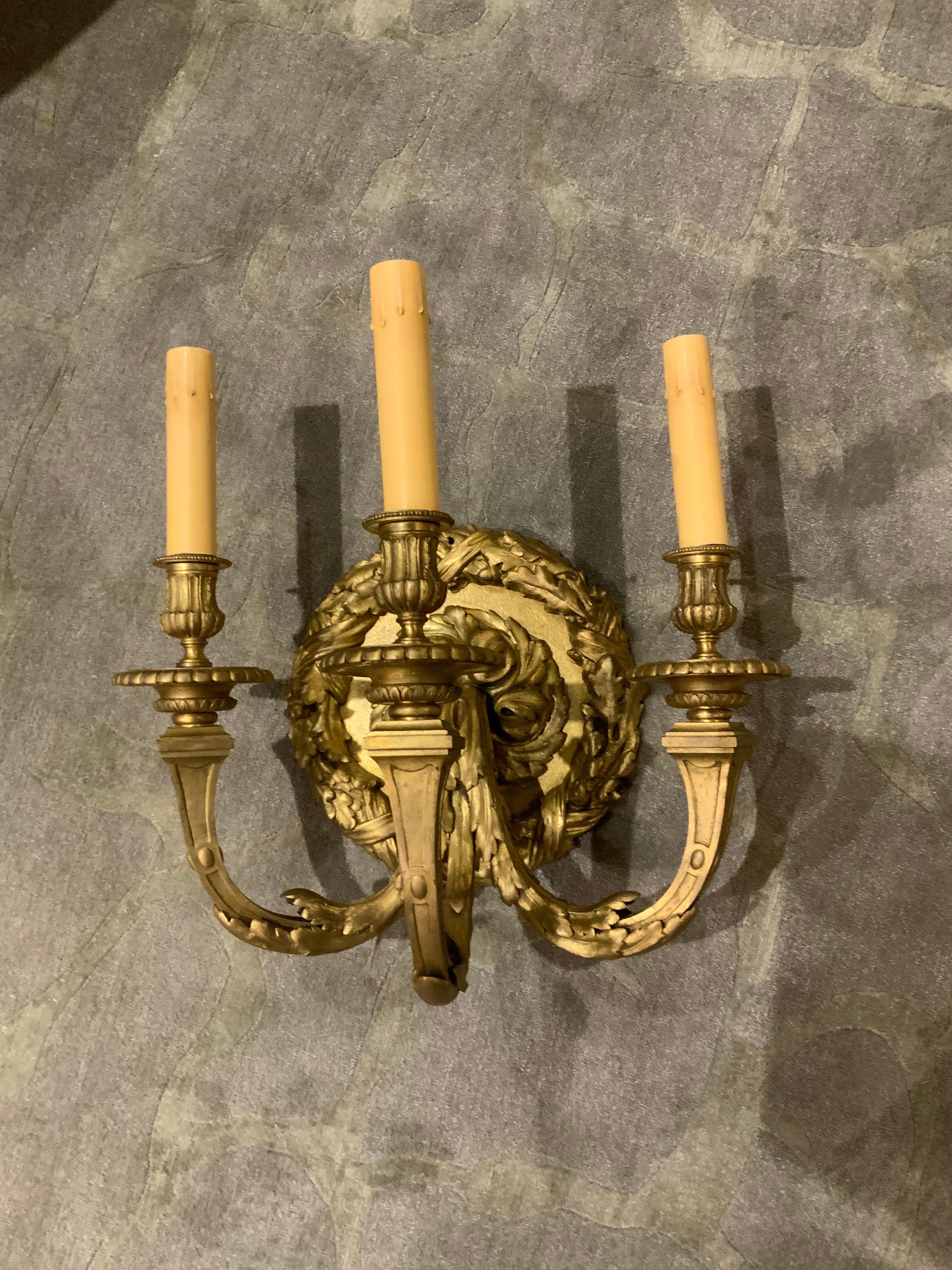 Large French Bronze Dore Single Light Sconce with Three Lights, Wired For Sale 2