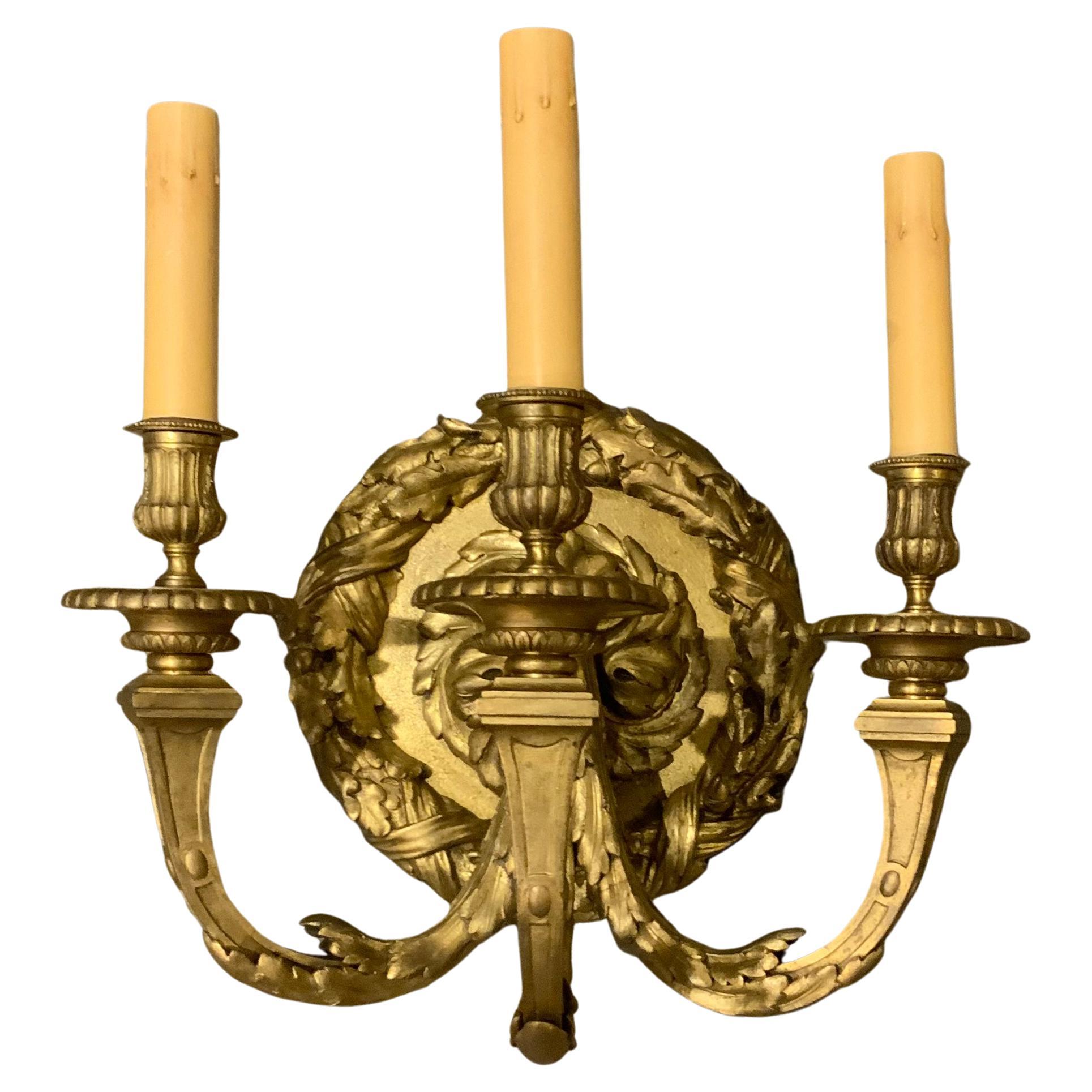 Large French Bronze Dore Single Light Sconce with Three Lights, Wired