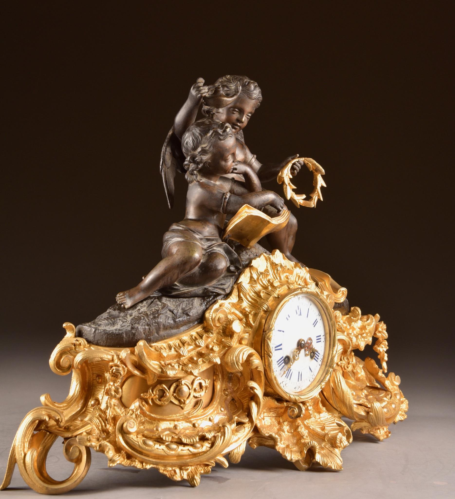 Large French Bronze Gilt Clock with 2 Cherubim 15