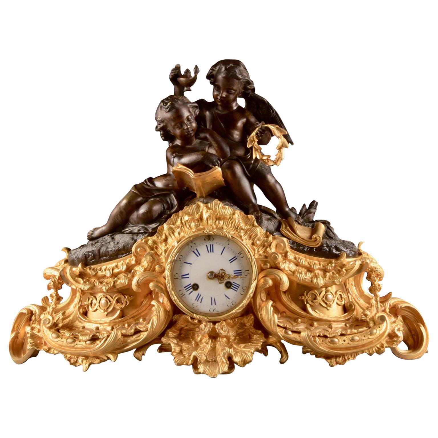 Large French Bronze Gilt Clock with 2 Cherubim