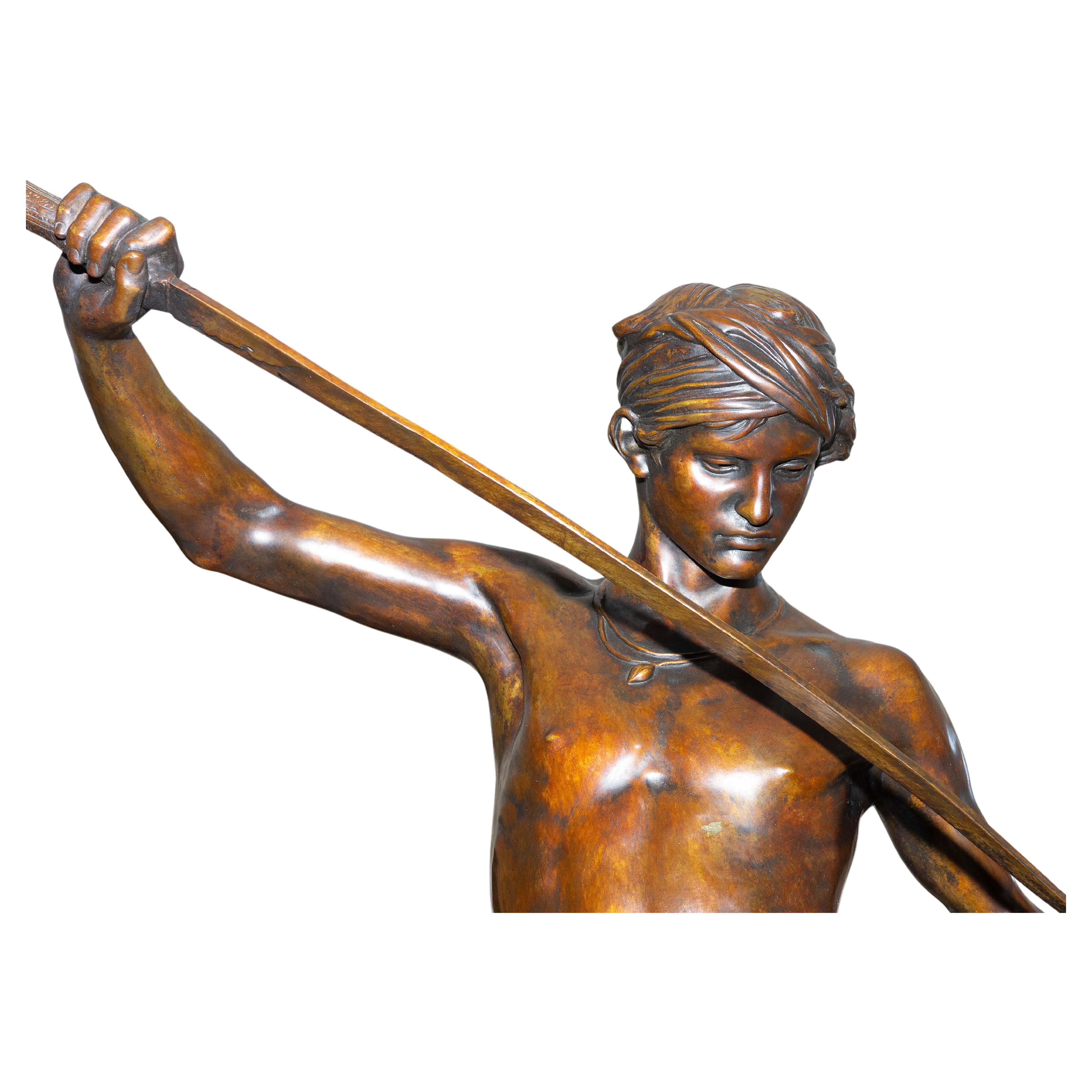 Patinated Large French Bronze Sculpture of David and Goliath by Antonin Mercié For Sale