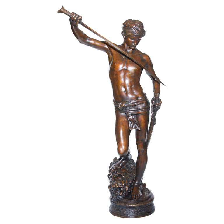 Large French Bronze Sculpture of David and Goliath by Antonin Mercié 42" High For Sale