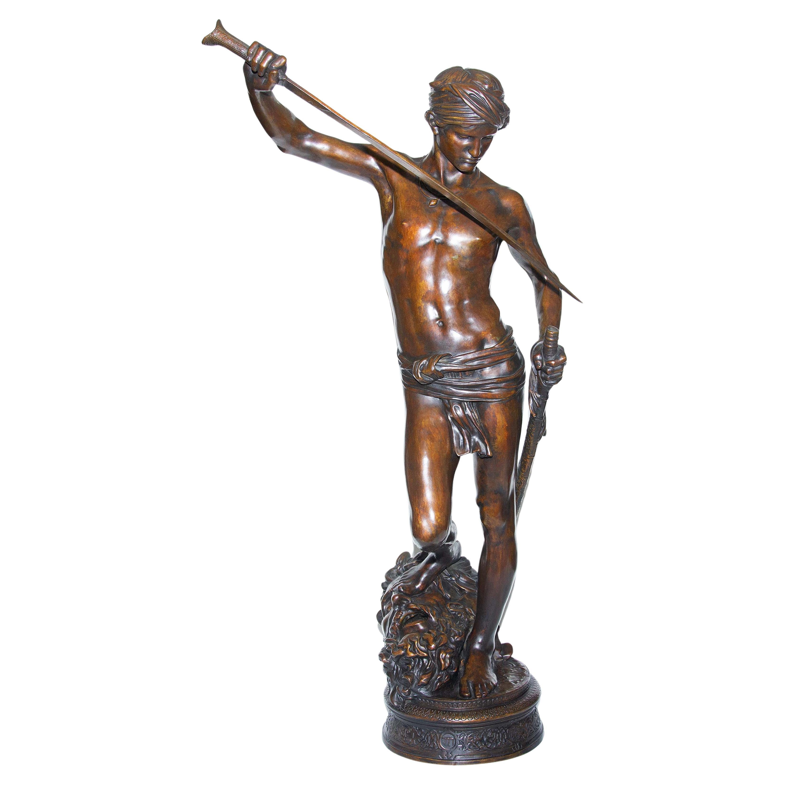 Large French Bronze Sculpture of David and Goliath by Antonin Mercié For Sale