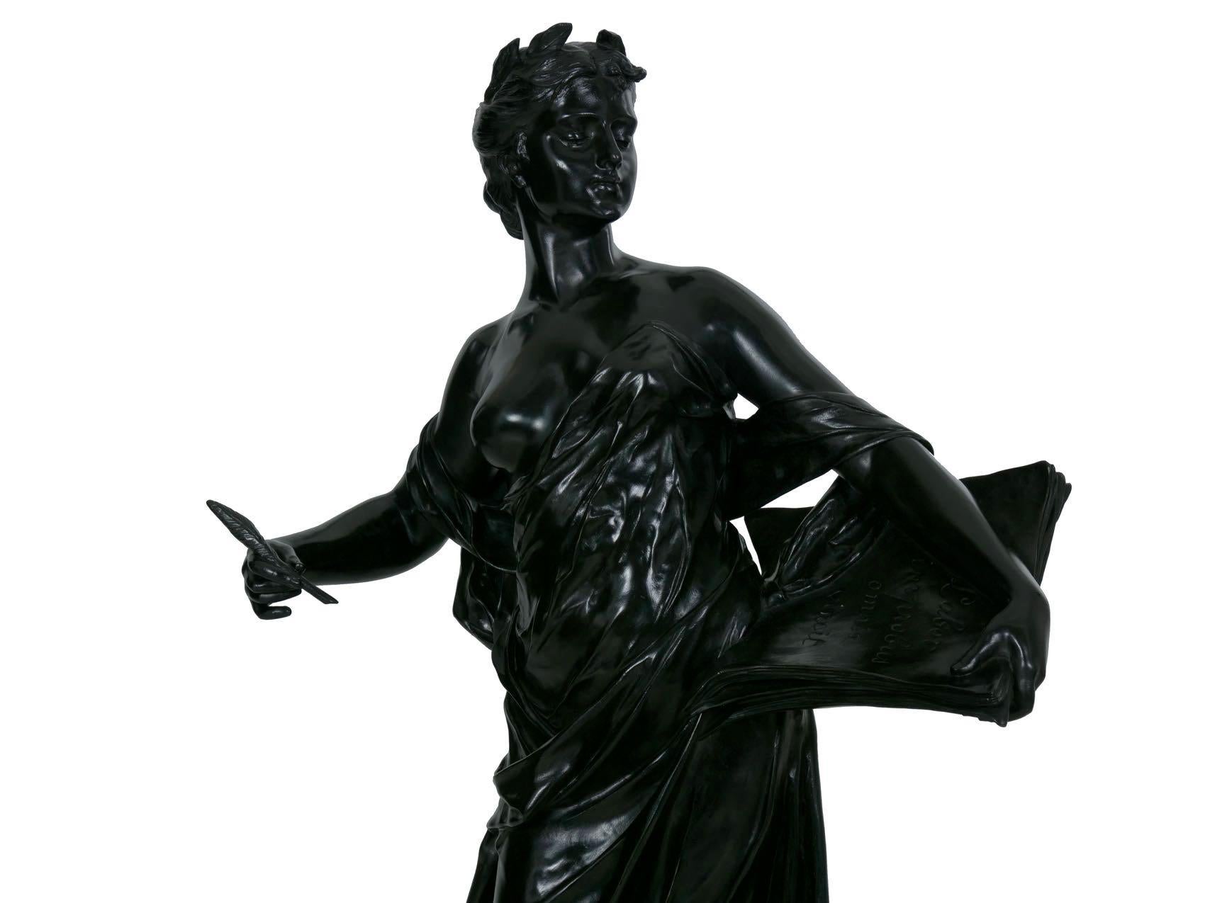 A handsome figural bronze sculpture of La Science cast after a model by Edouard Drouot, the work depicts a strong female with her head raised high, an air of dignity and pride in her features as she stands only partially revealed to the viewer. A