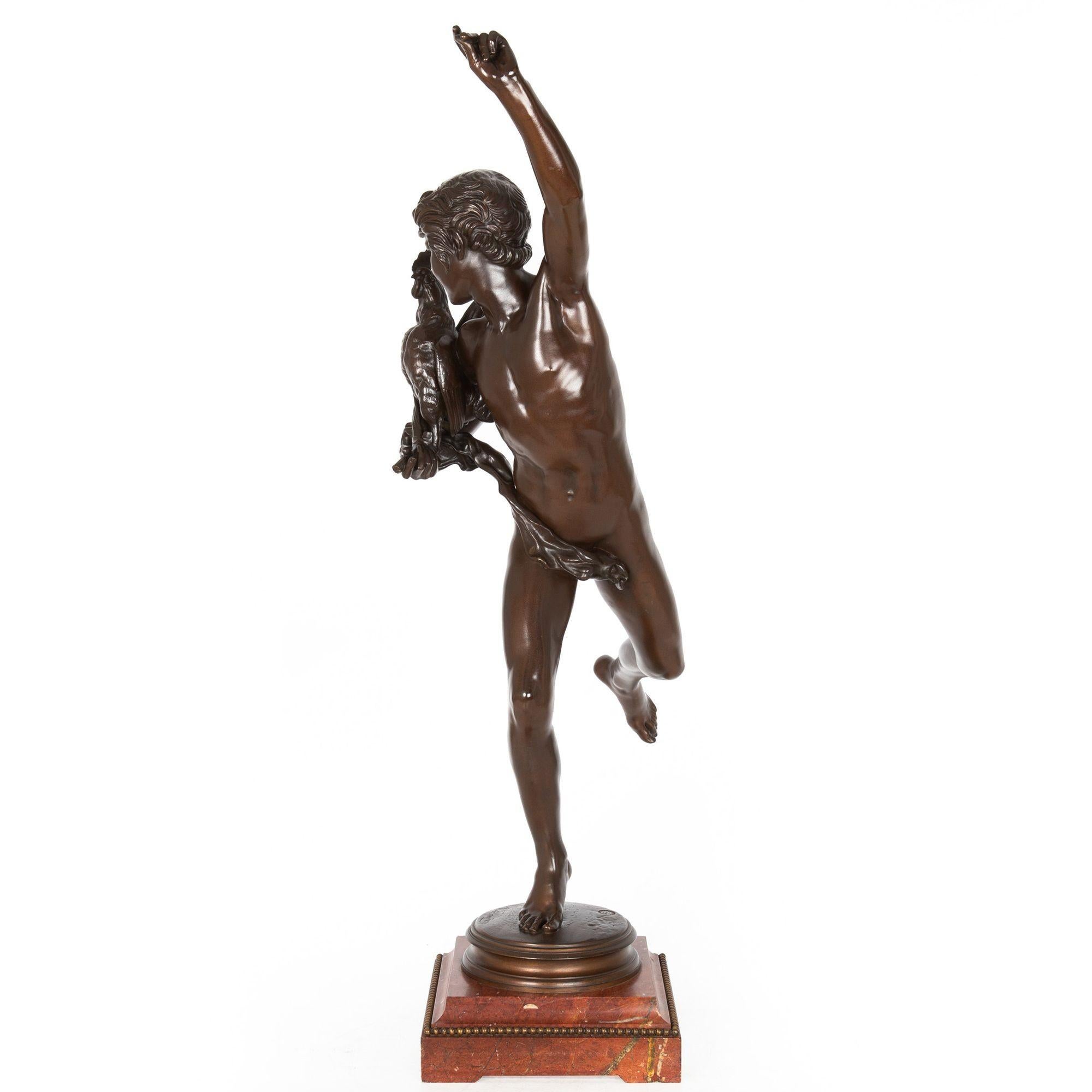 Français Grande sculpture française en bronze Lauréat de la chasse au coq par Falguiere & Thiebaut en vente