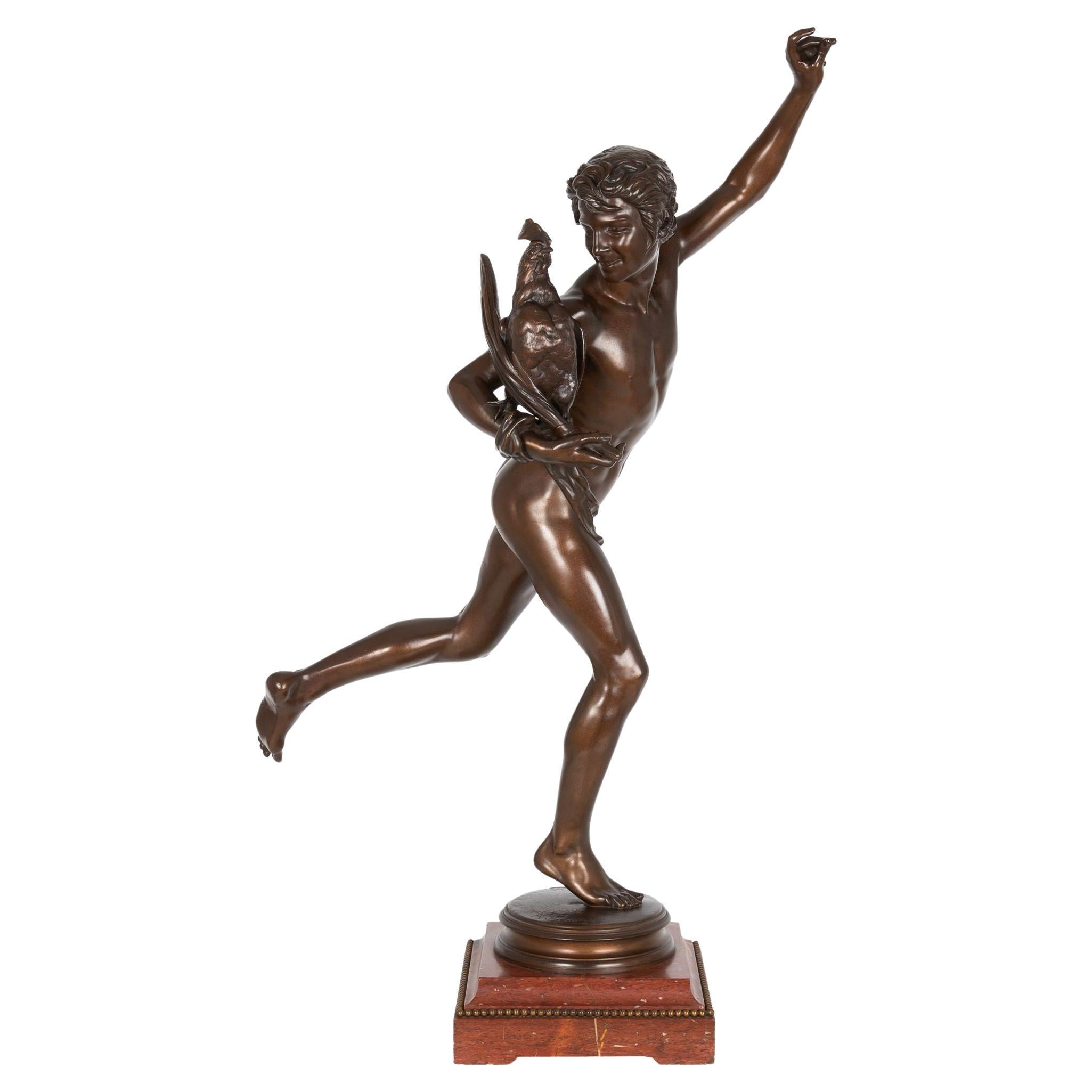 Grande sculpture française en bronze Lauréat de la chasse au coq par Falguiere & Thiebaut