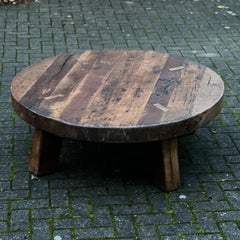 Large French brutalist massive oak coffee table 130cm