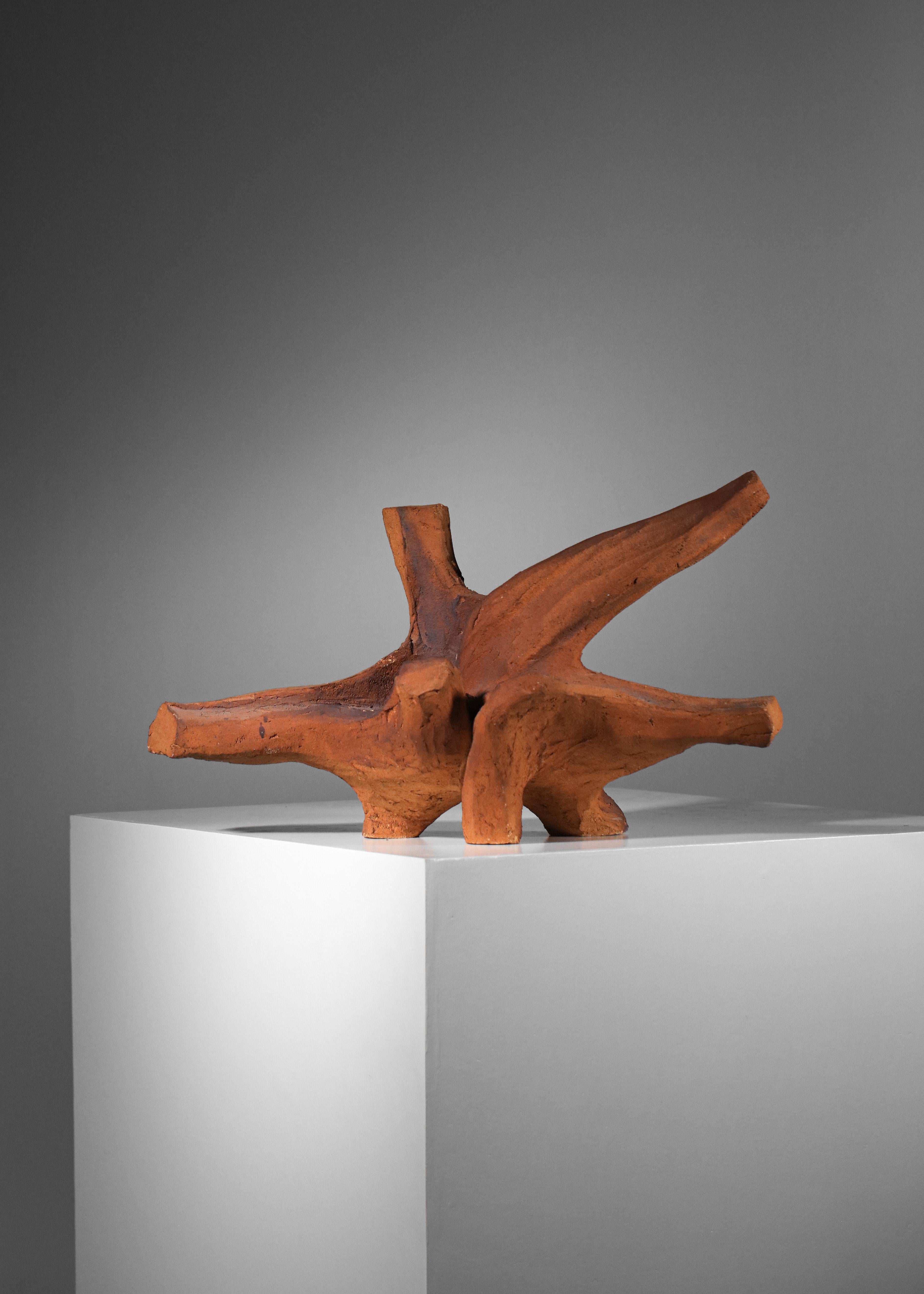 Gran escultura Brutalista francesa en cerámica de barro chamota vintage años 60 en venta 3