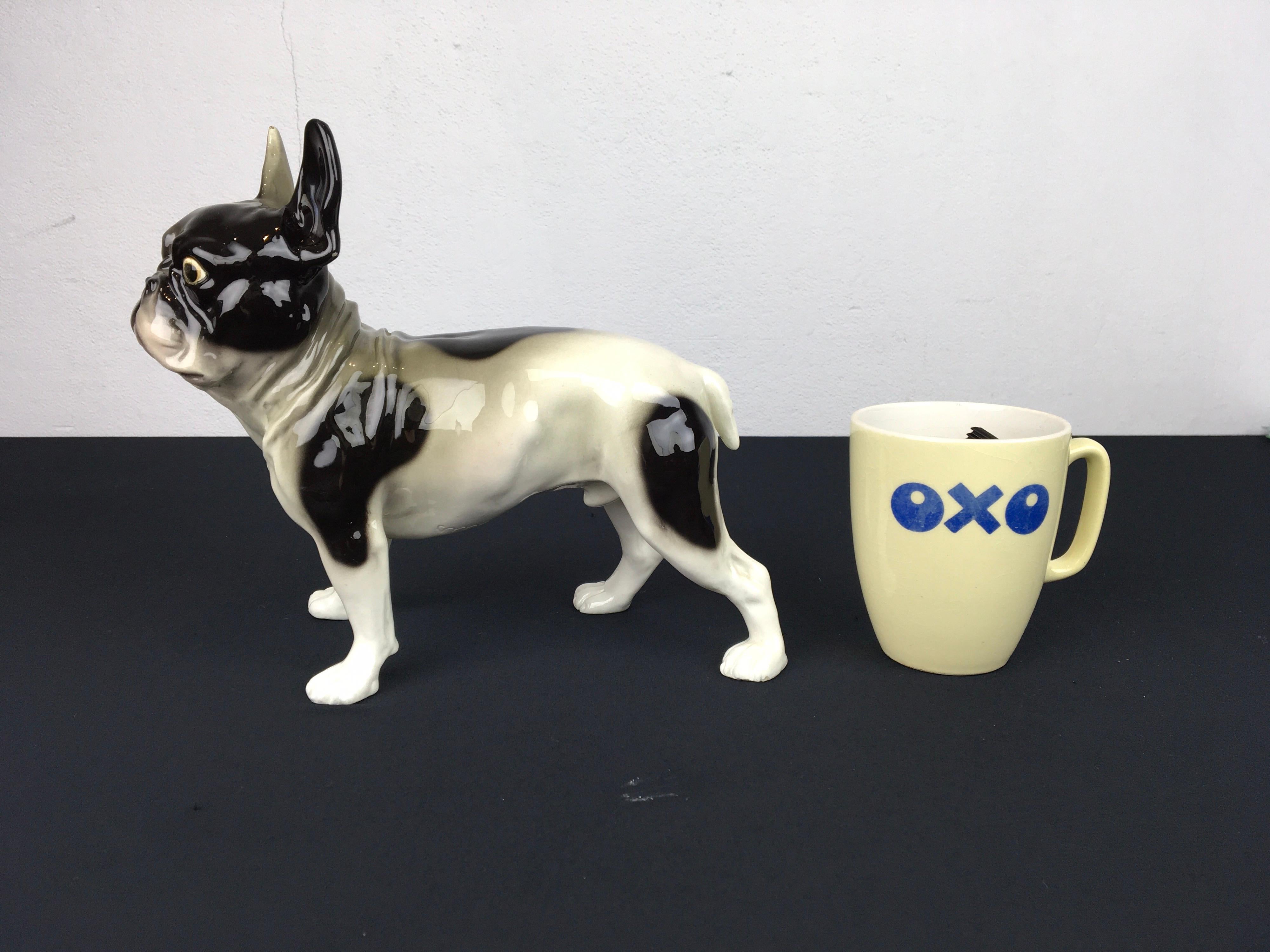 Large porcelain sculpture of a French bulldog. 
A standing male Frenchie made by Goldscheider Porcelain Wien Vienna Austria.
It's an Art Deco sculpture circa 1920 - 1930 with some traces of age and use. 
On top of both ears and below one ear he