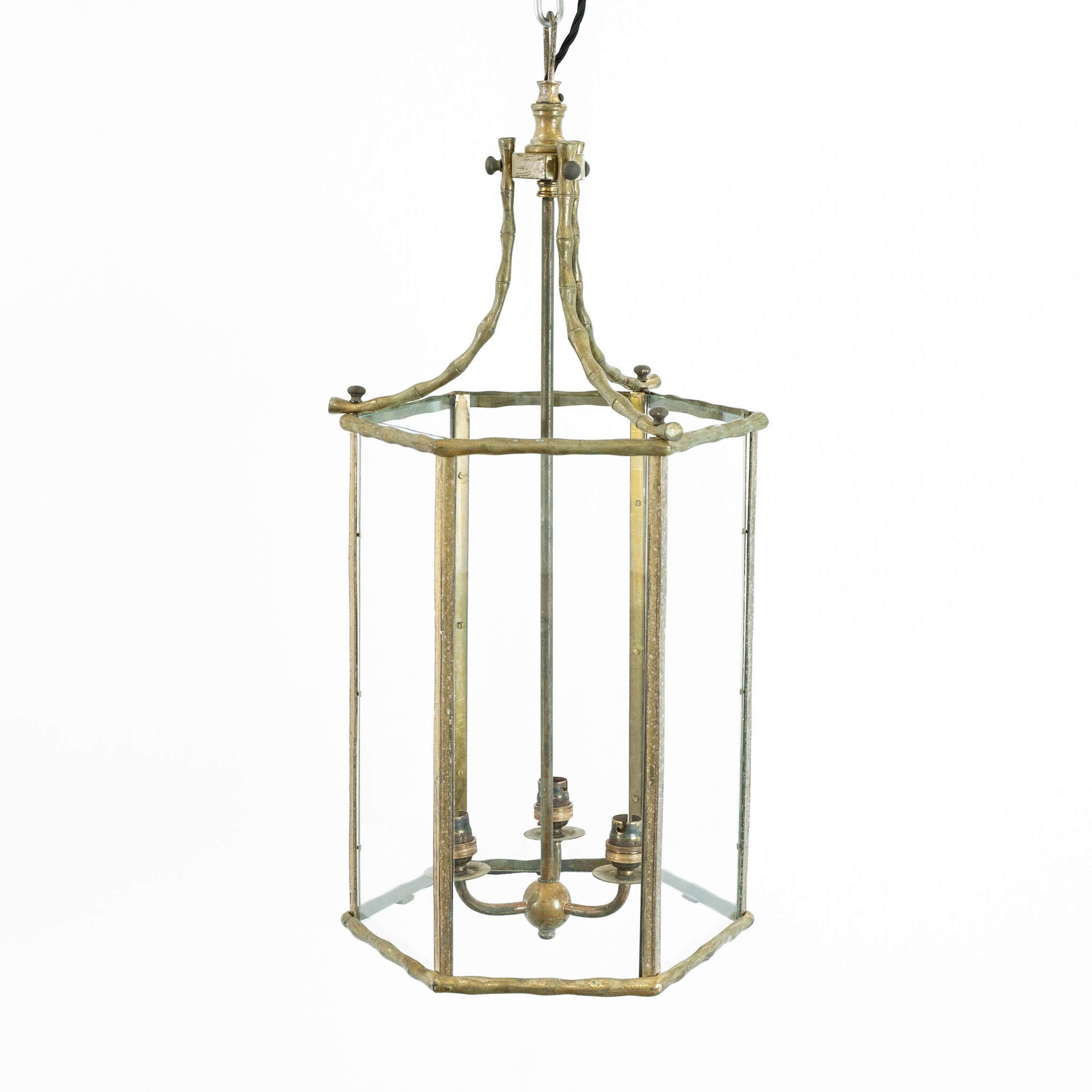 Große französische c1940 Faux Bamboo Messing Laterne im Angebot 3