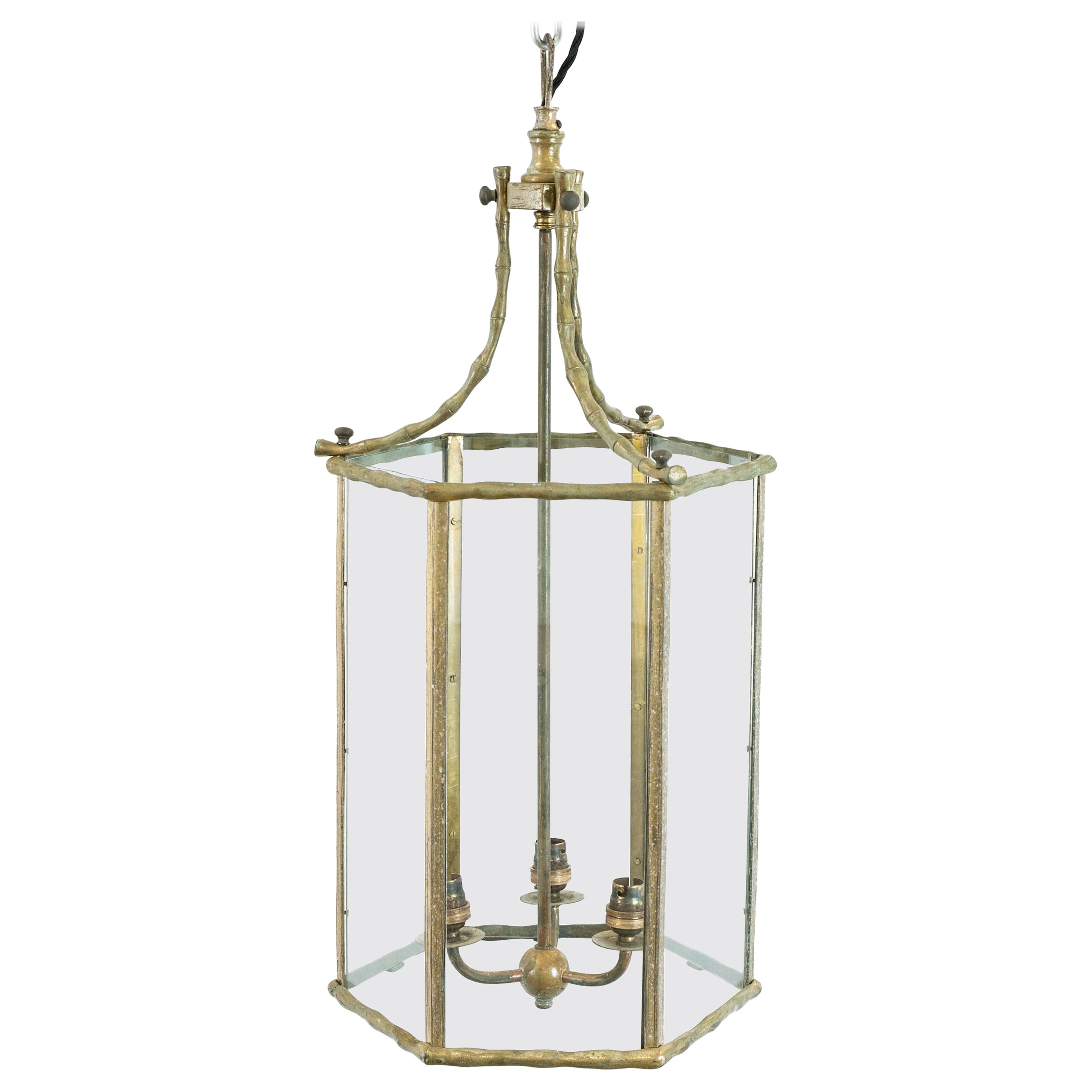 Large French c1940 Faux Bamboo Brass Lantern