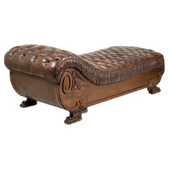 Große französische C19th antike getuftete Brown Leder Chaise Longue