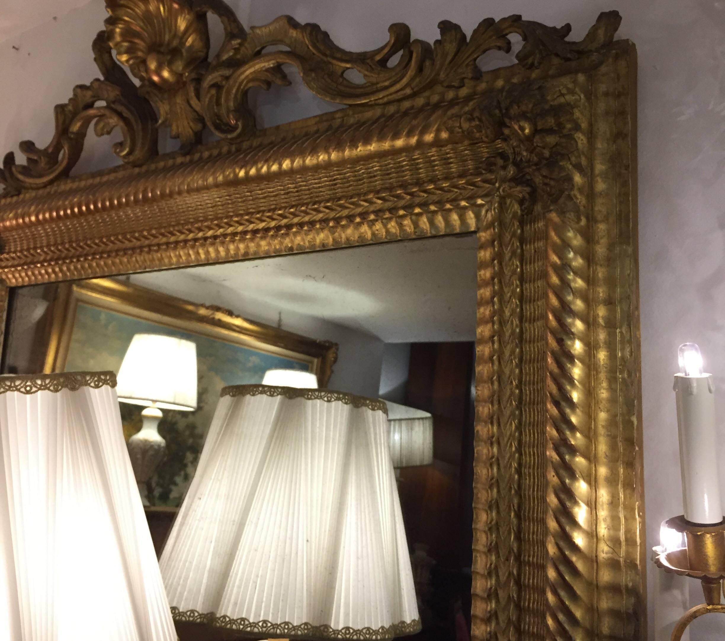 Large French 19th Century Mirror Carved Gilt wood with Original Mercury Glass  8