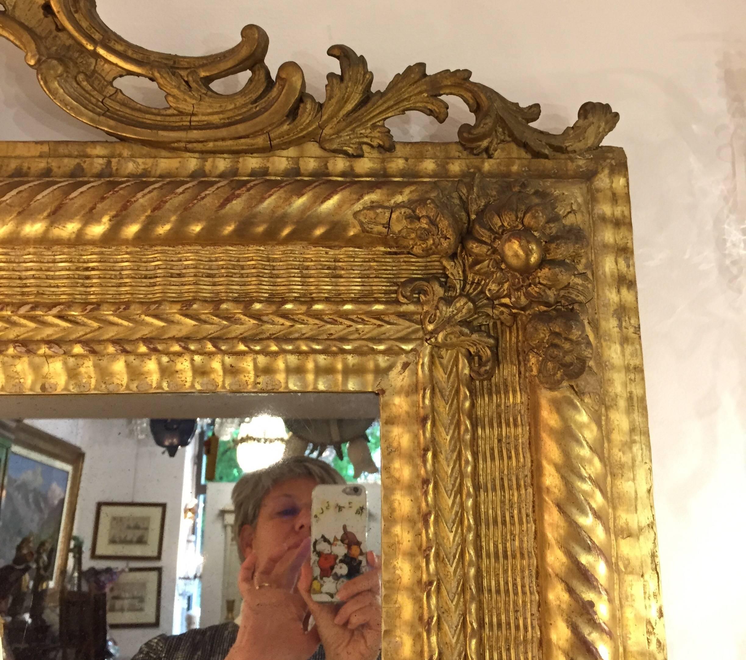Large French 19th Century Mirror Carved Gilt wood with Original Mercury Glass  10