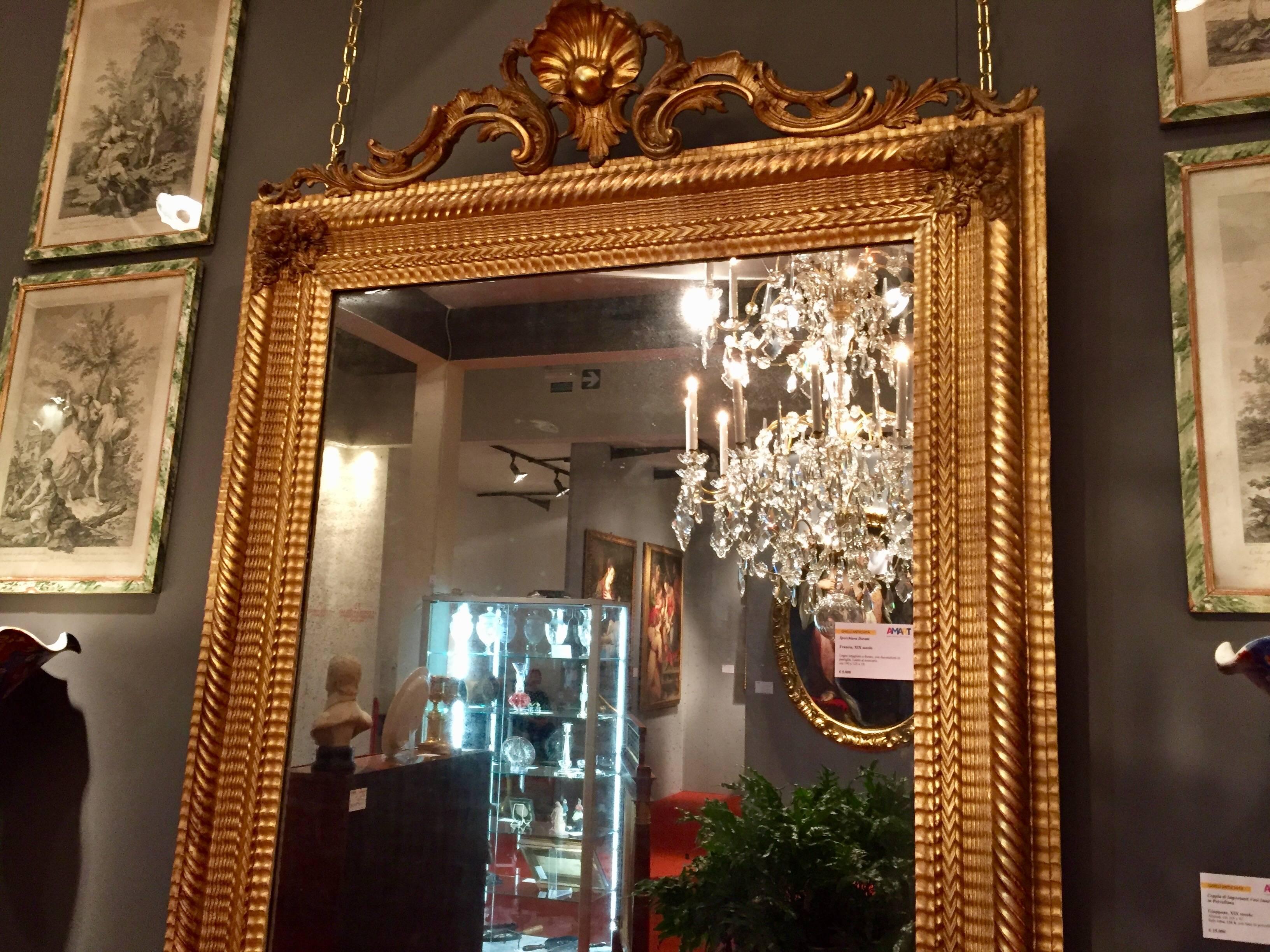 Large French 19th Century Mirror Carved Gilt wood with Original Mercury Glass  2