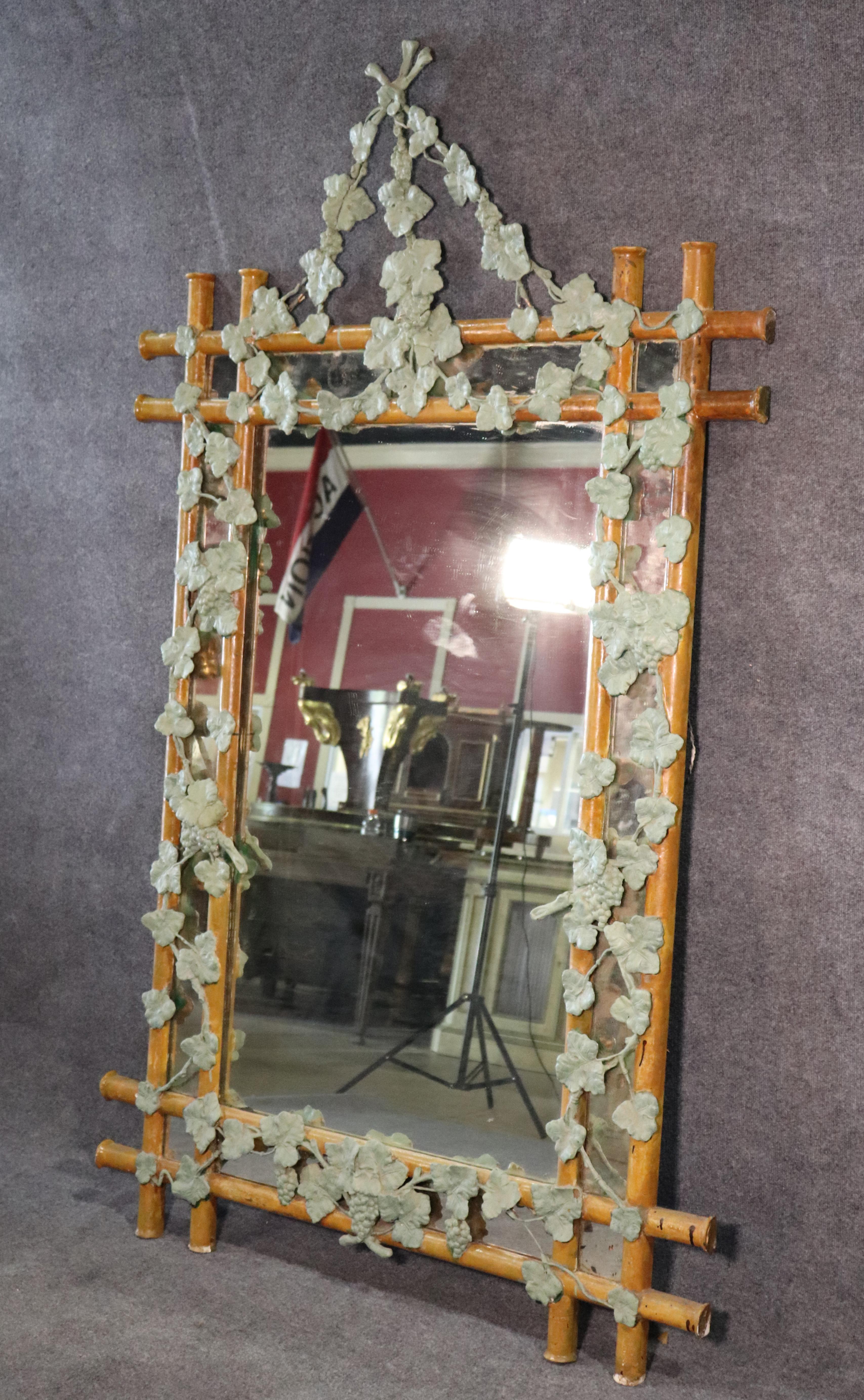 Regency Large French Carved Gesso Paint Decorated Faux Bois Mirror with Ivy For Sale