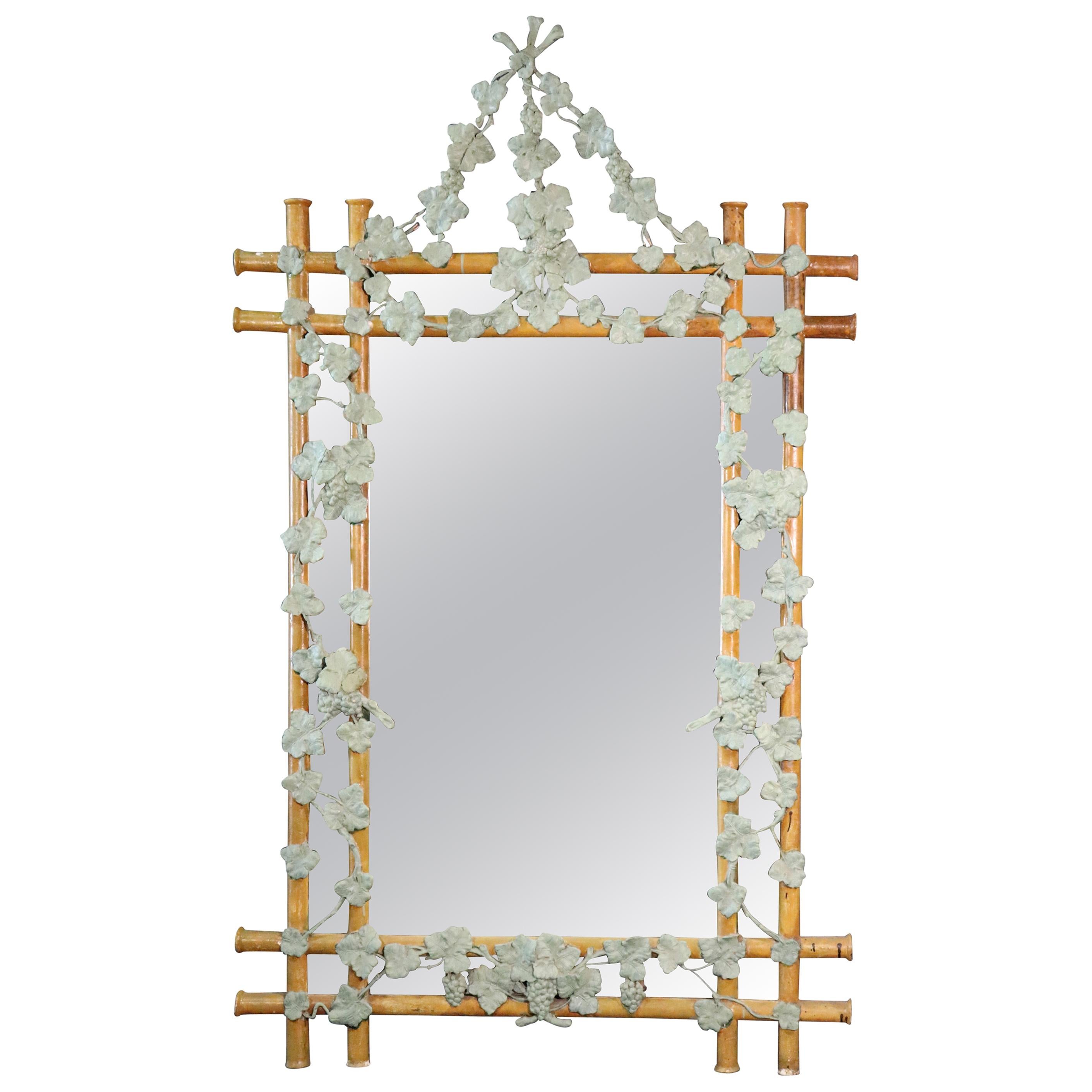 Large French Carved Gesso Paint Decorated Faux Bois Mirror with Ivy For Sale