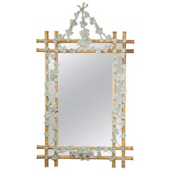 Large French Carved Gesso Paint Decorated Faux Bois Mirror with Ivy