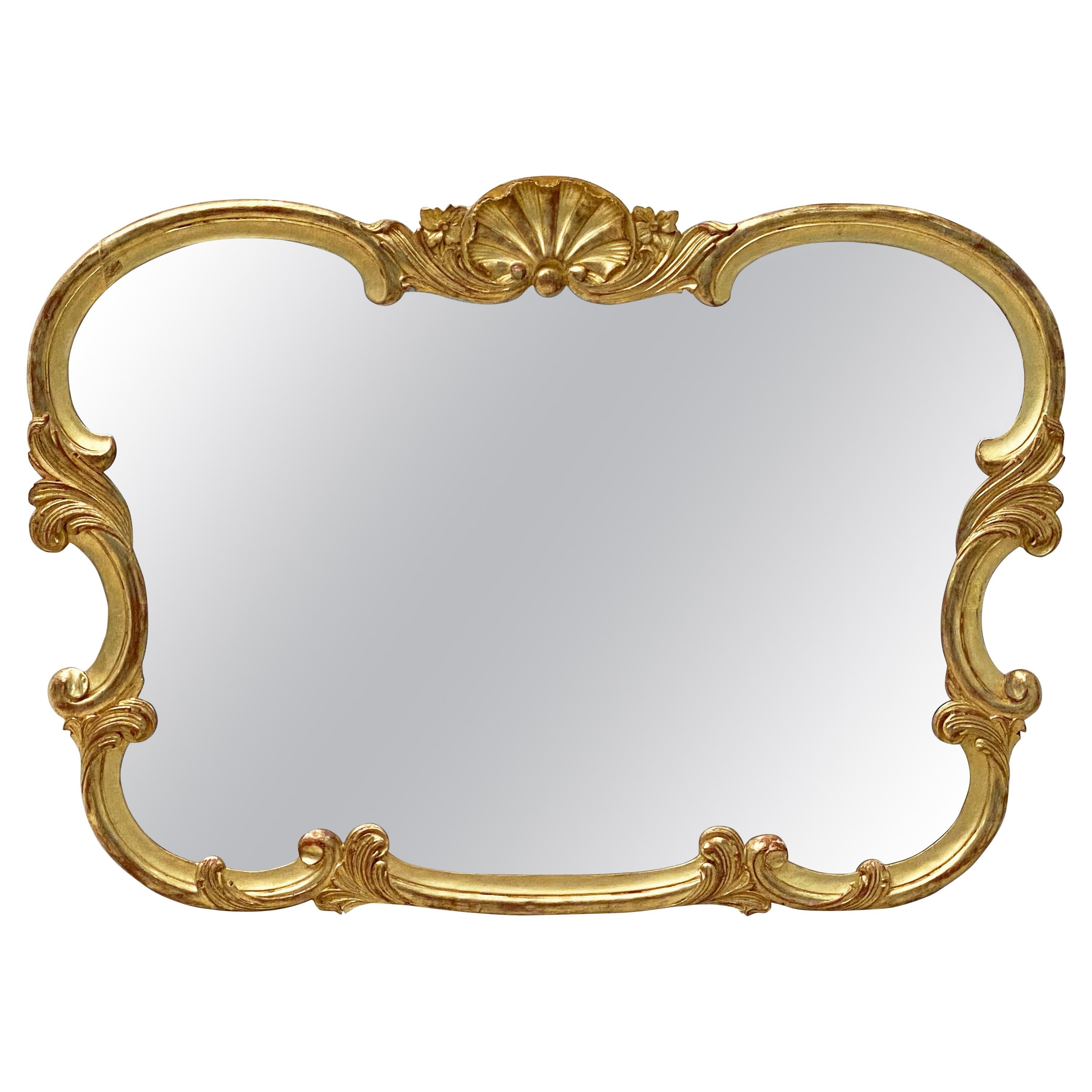 Large French Carved Gilt Frame Mirror With Seashell Crest (H 33 3/4 X W 47) For Sale