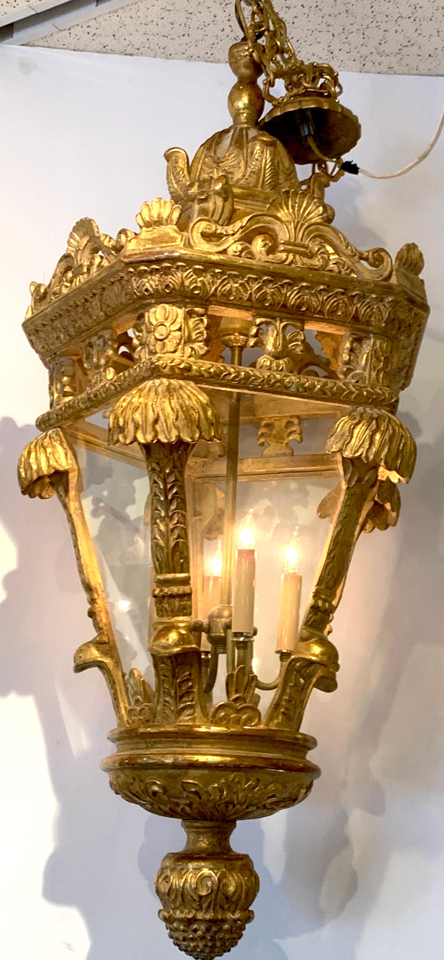 Neoclassical Large French Carved Giltwood Lantern, Breakers, Palm Beach FL
