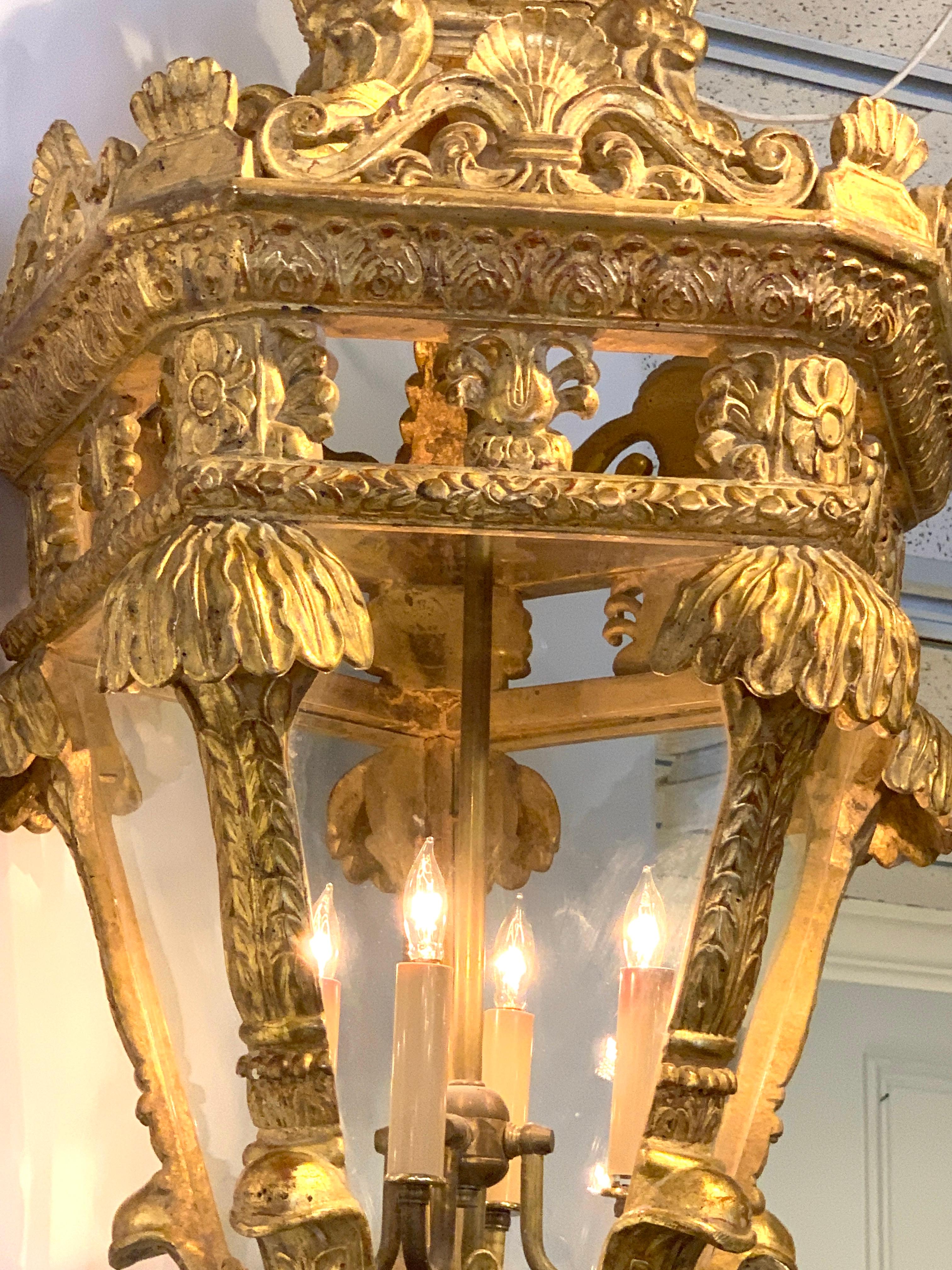 Large French Carved Giltwood Lantern, Breakers, Palm Beach FL In Good Condition In Atlanta, GA