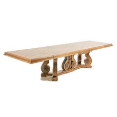 Large French Carved Walnut Parquet Top Dining Table with Two Leaves