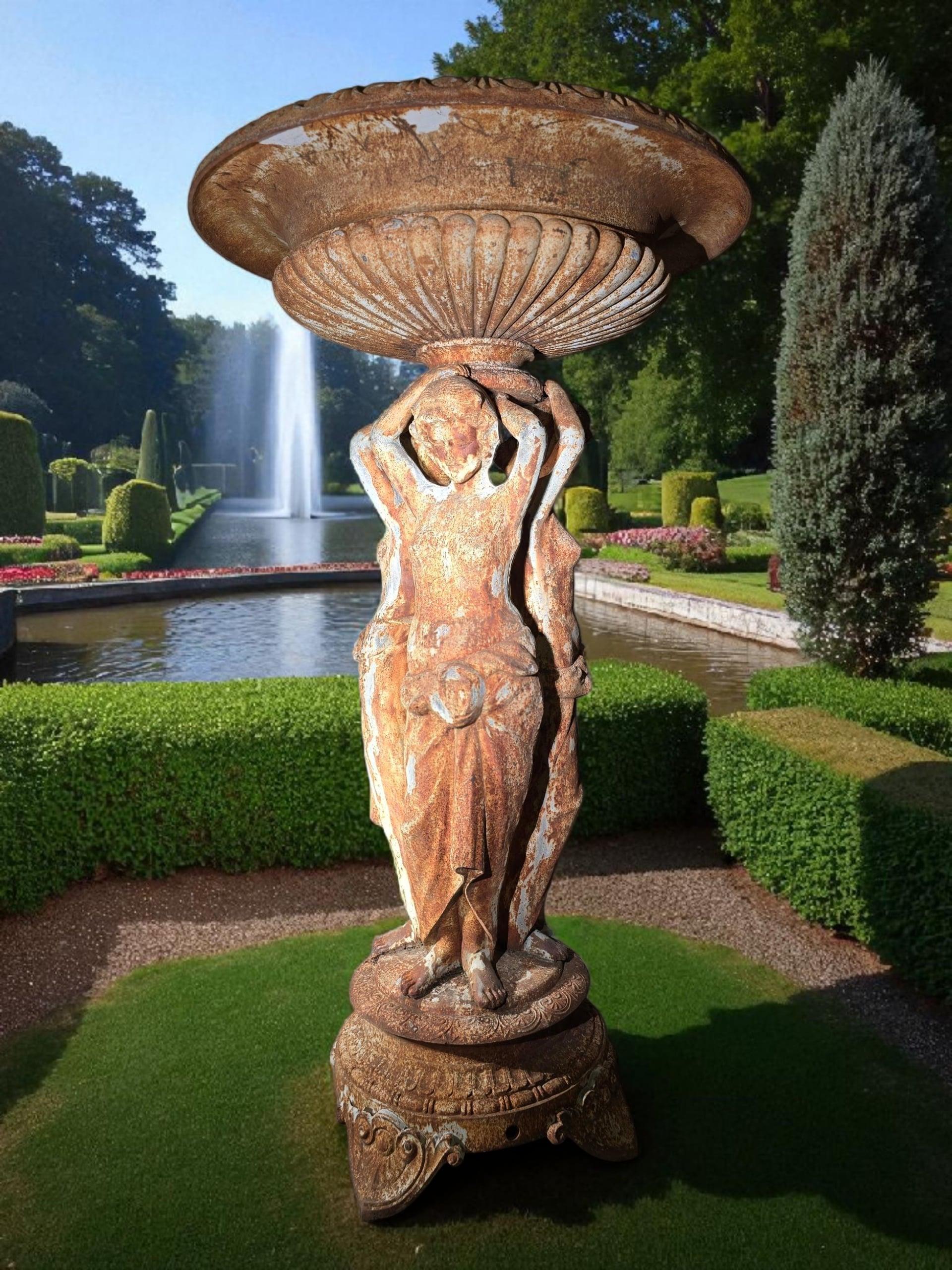 Large French Cast Iron Garden Fountain Featuring The Three Graces For Sale 9