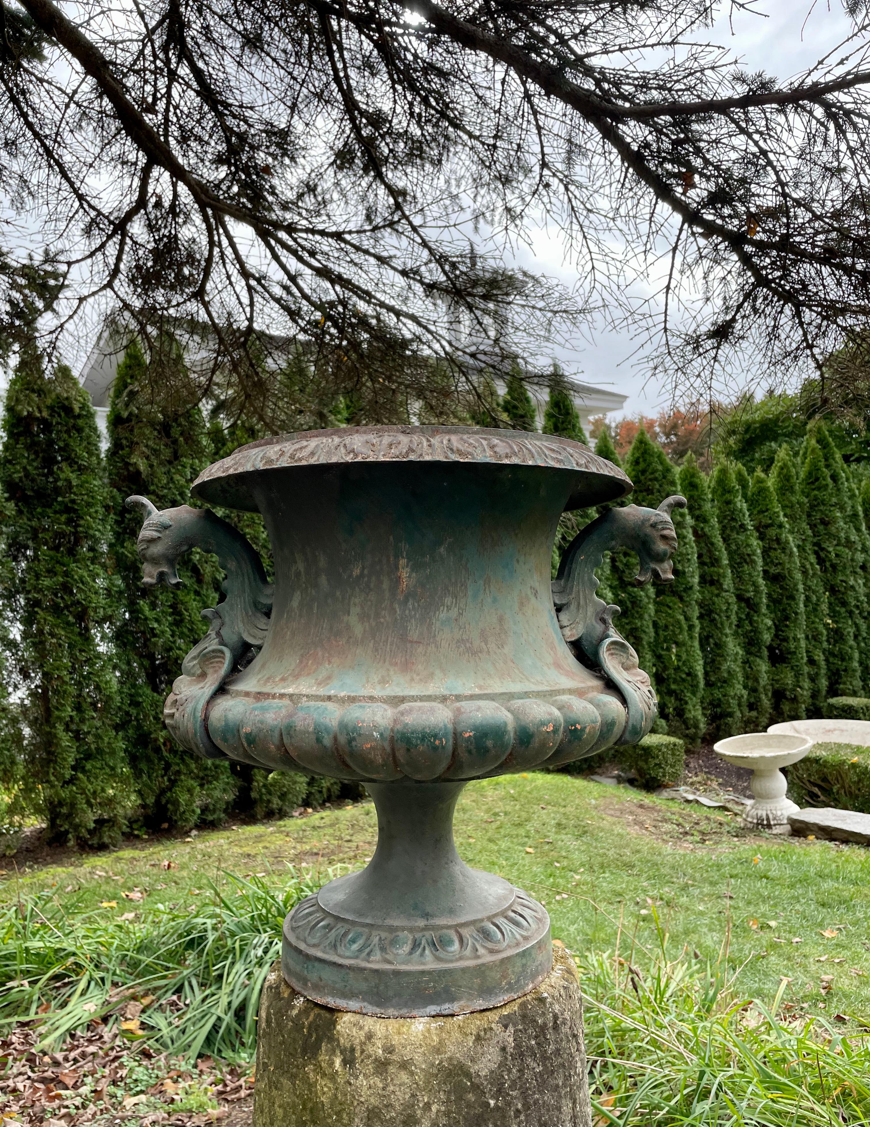 Napoleon III Large French Cast Iron Urn with Griffin Handles, Signed Alfred Corneau For Sale