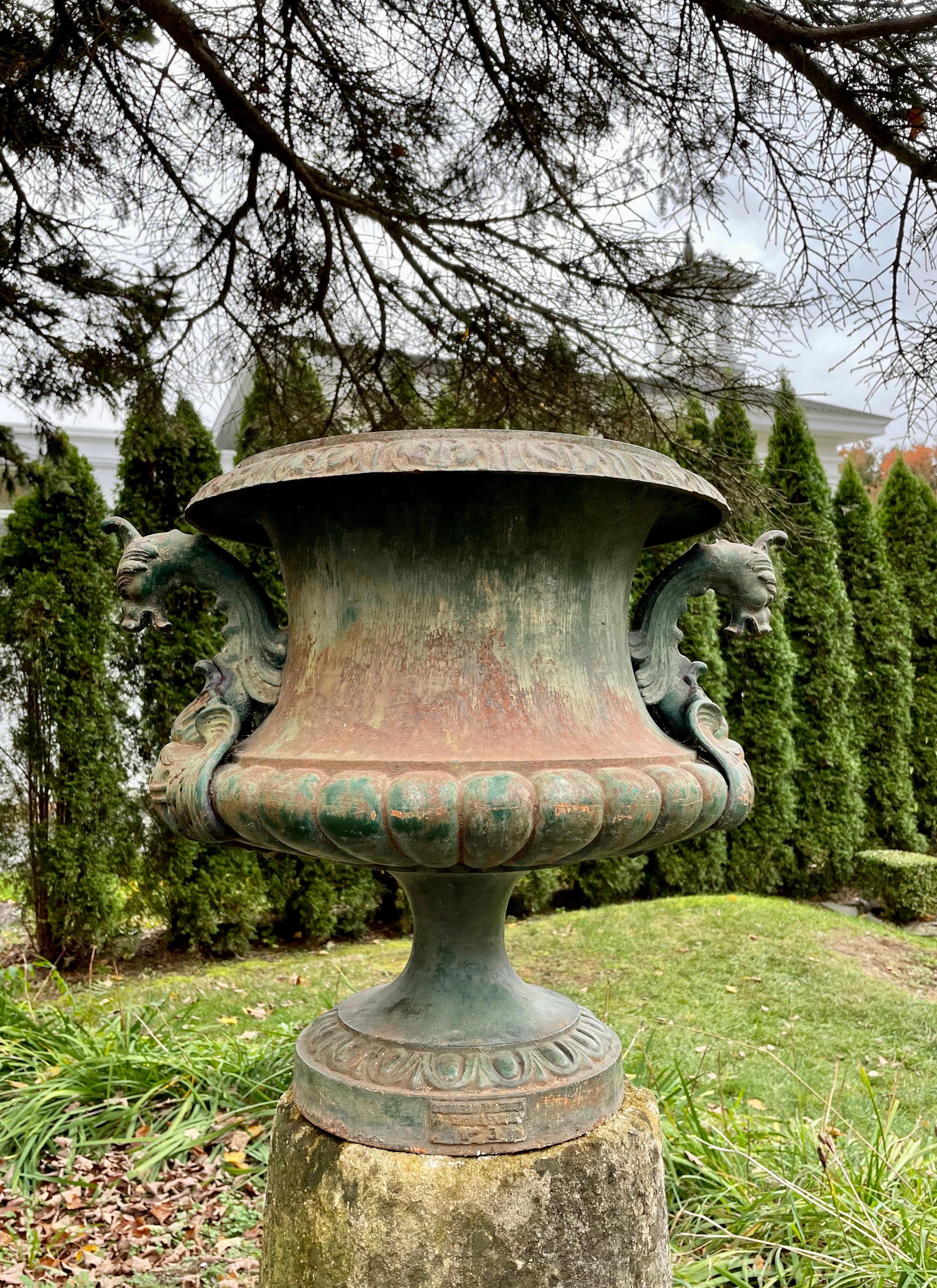 Large French Cast Iron Urn with Griffin Handles, Signed Alfred Corneau In Good Condition For Sale In Woodbury, CT