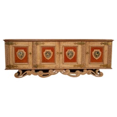 Large French Cerused Oak with Red Leather and Eglomise Mirrors, 1930
s