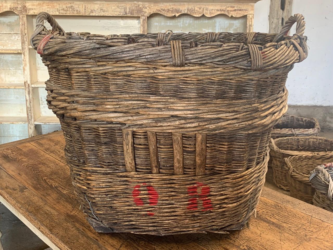 A nice grape harvesting basket from the Champagne region of France. These were used in the vineyards to harvest the grapes and still have the painted markings of the vineyard owner. circa 1900.
      