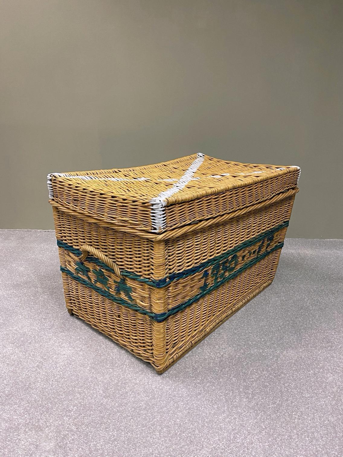 Hand-Woven Large French Champagne Wicker Basket Trunk, 1930s, France