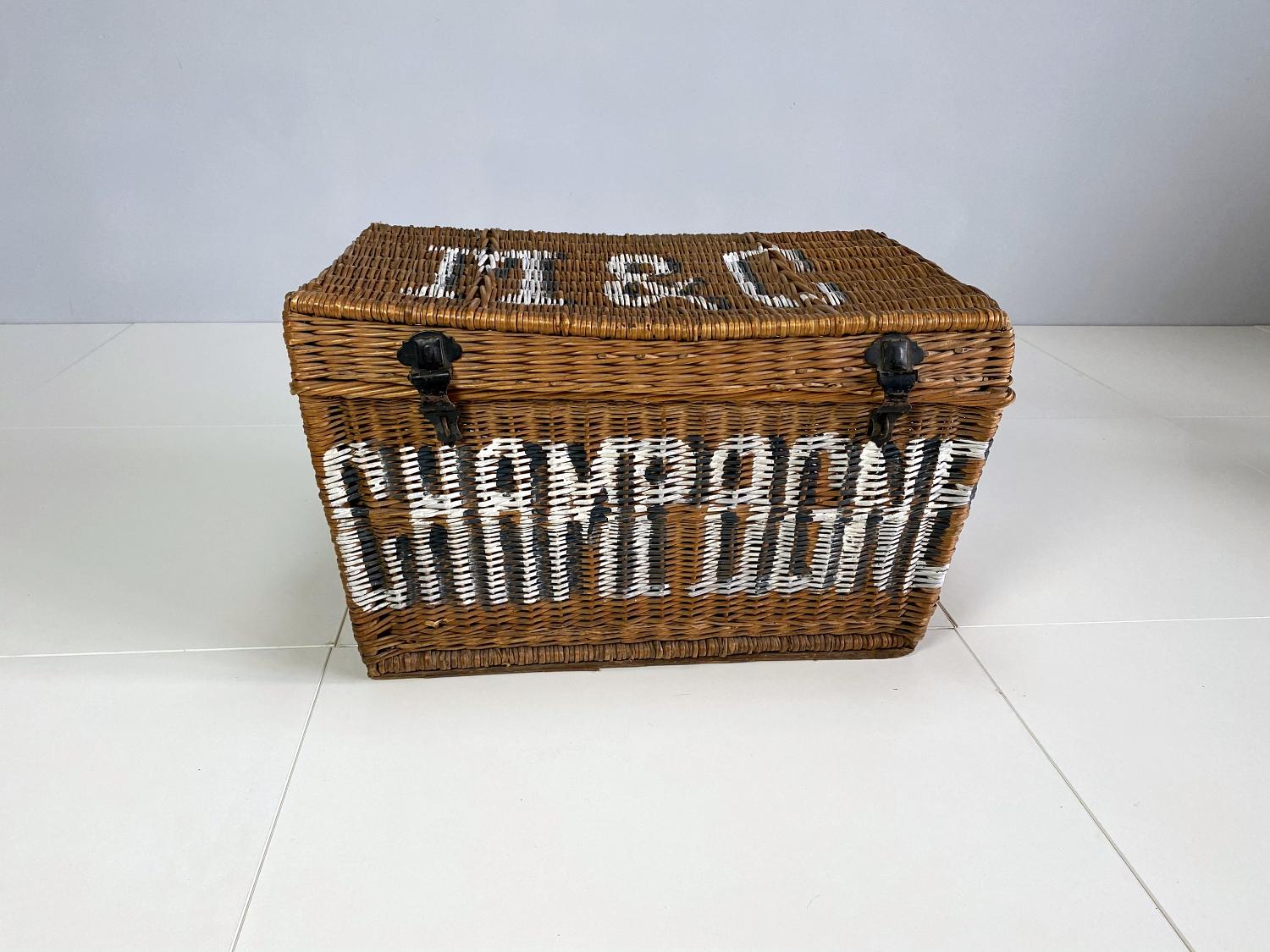 Hand-Woven Large French Champagne Wicker Basket Trunk, 1936, France