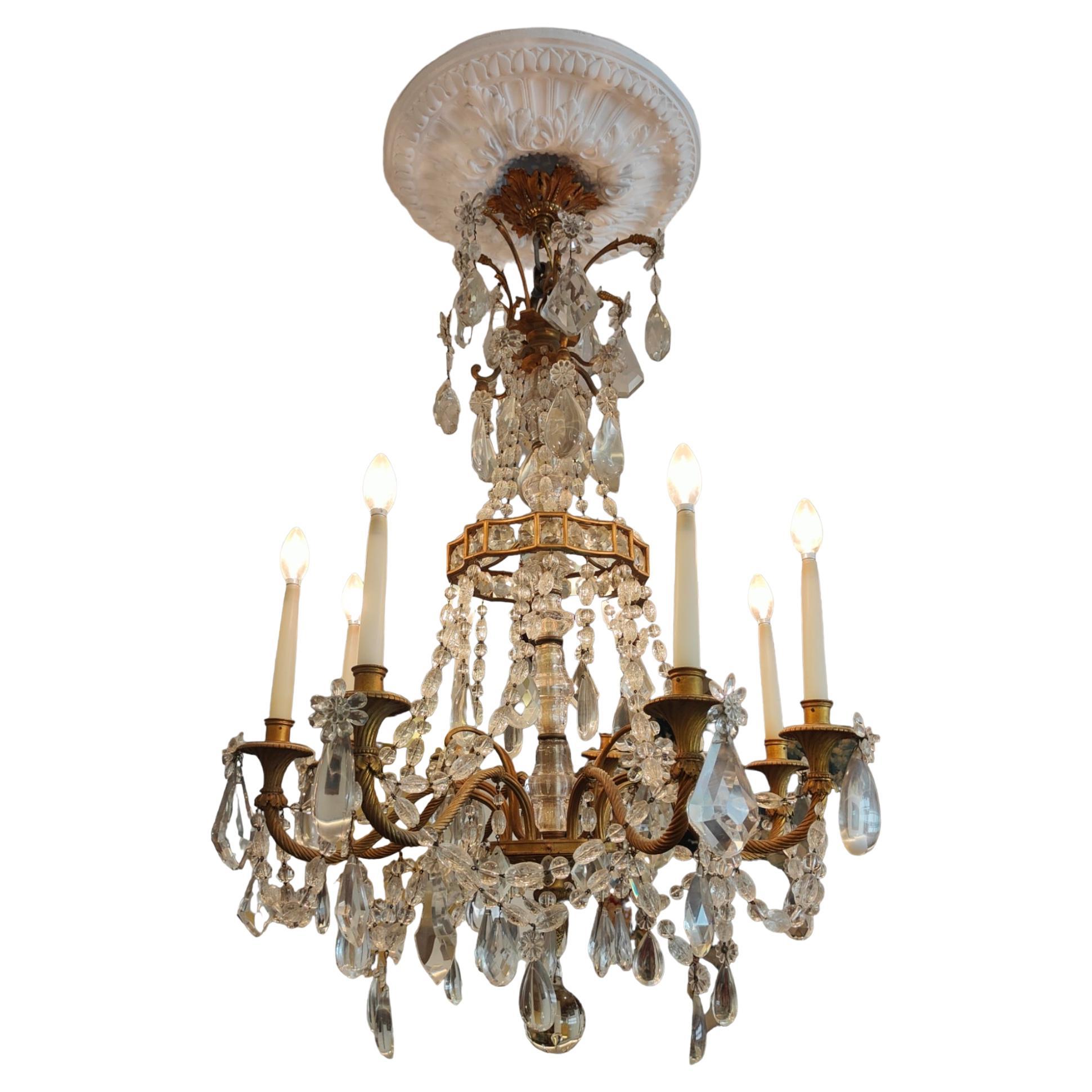 Large French Chandelier in Gilt Bronze and Faceted Glass from the XIX