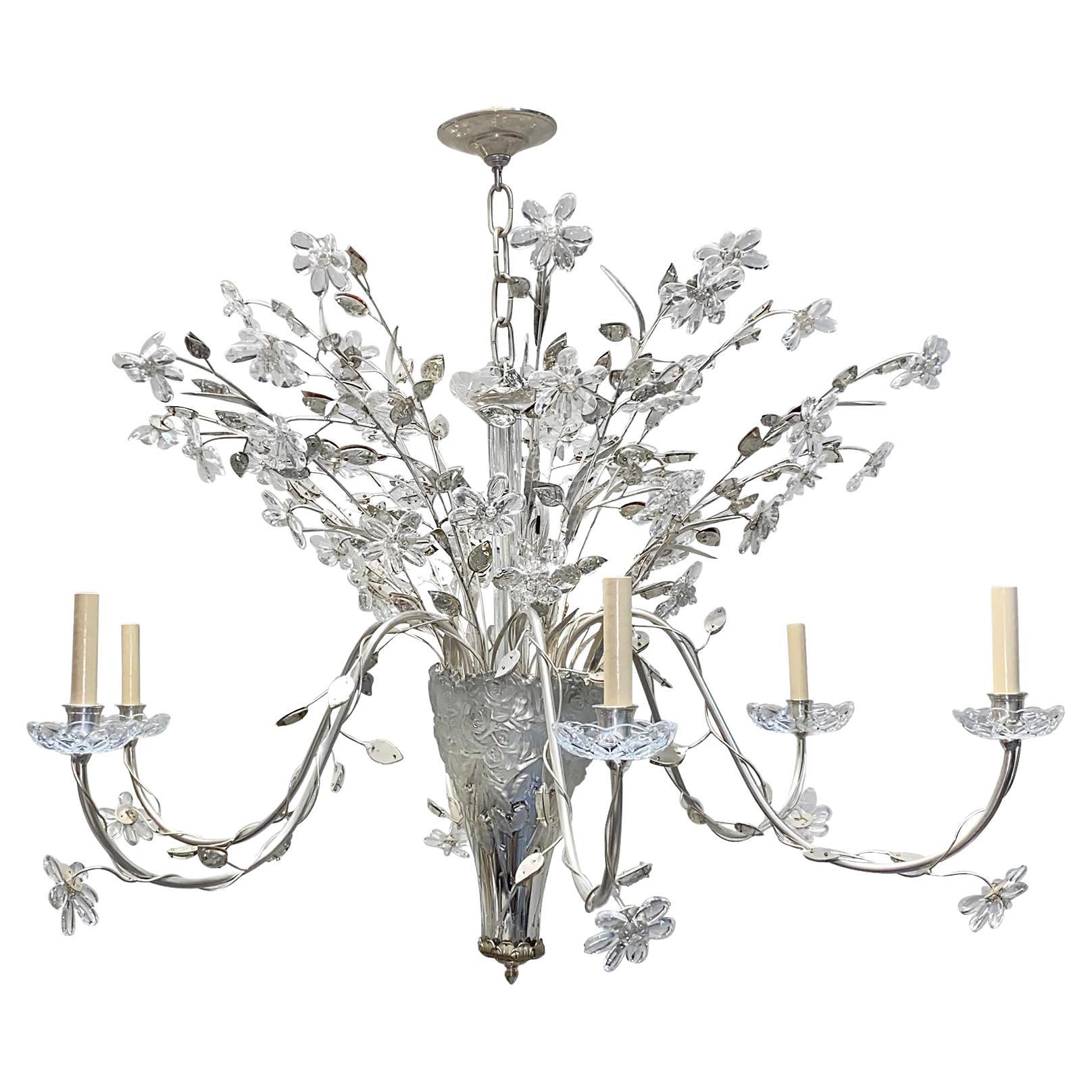 French Bronze and Crystal Chandelier with Porcelain Flowers For Sale at