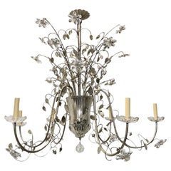 Retro Large French Chandelier with Crystal Flowers