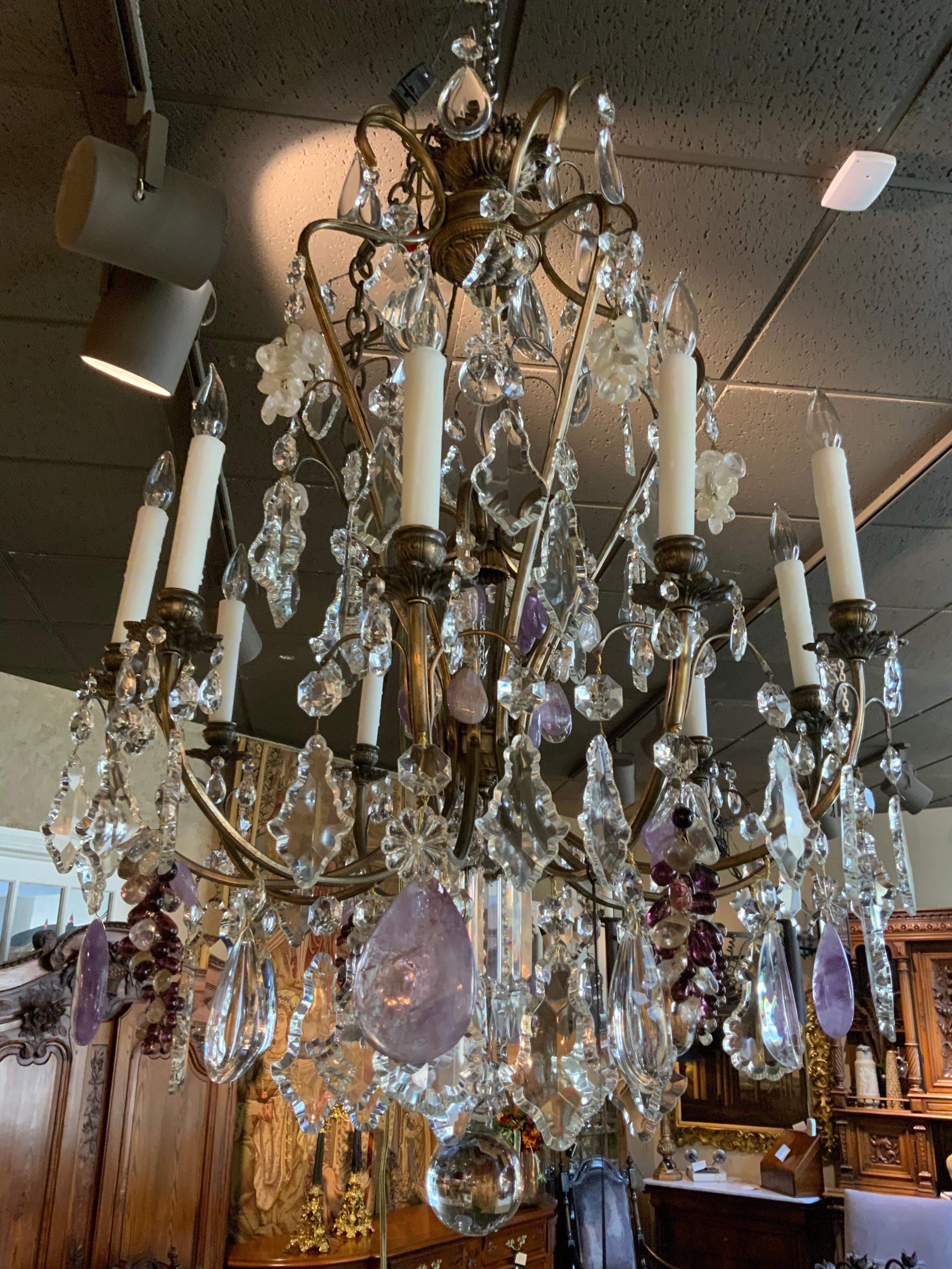Large French Chandelier with Rock, Clear and Clusters of Amethyst Crystals In Excellent Condition For Sale In Houston, TX