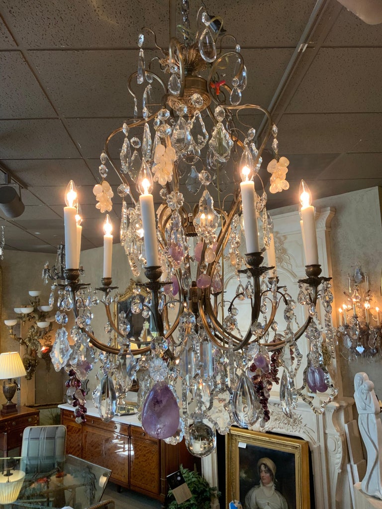 20th Century Large French Chandelier with Rock, Clear and Clusters of Amethyst Crystals For Sale