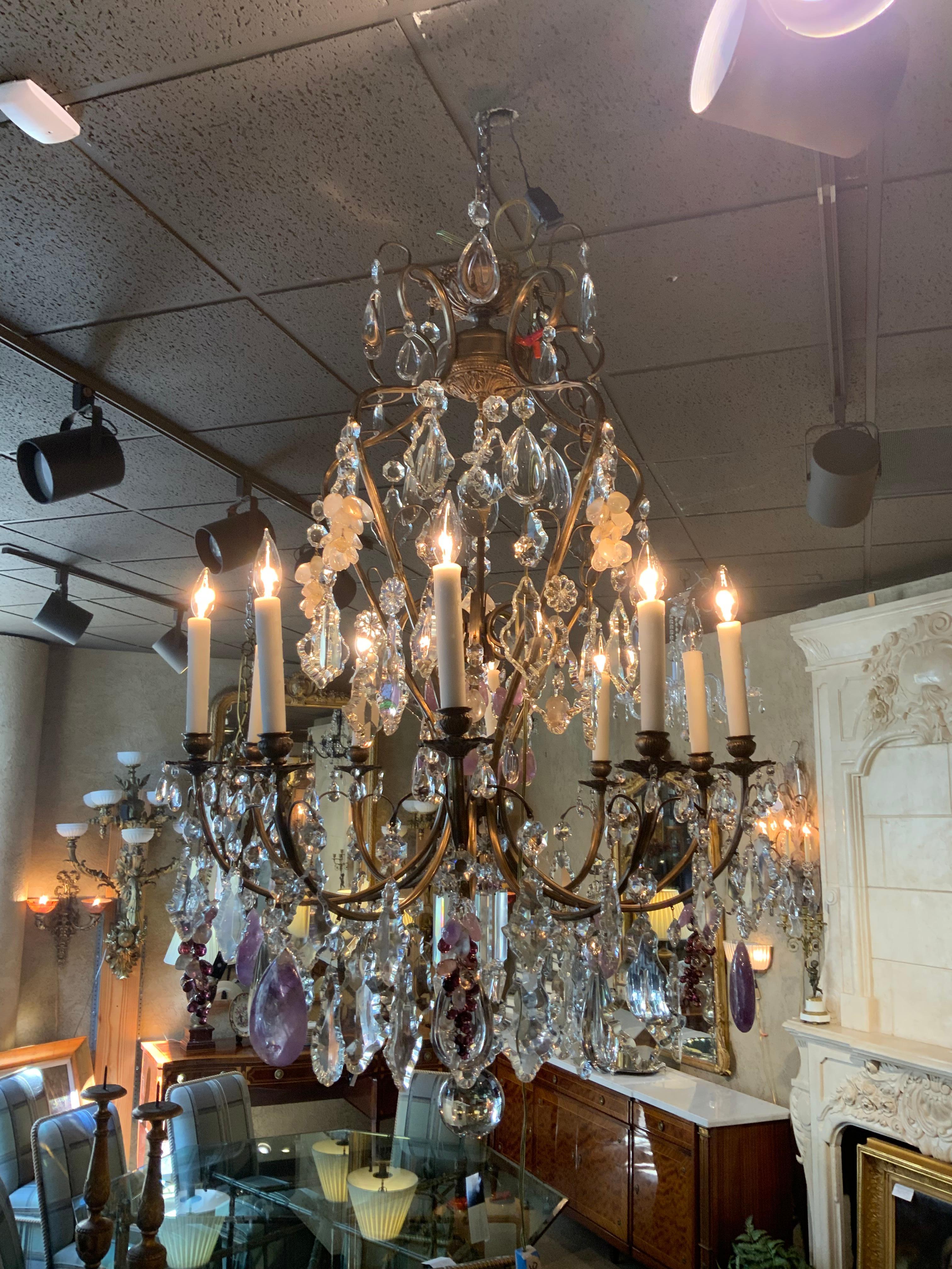 Large French Chandelier with Rock, Clear and Clusters of Amethyst Crystals For Sale 1