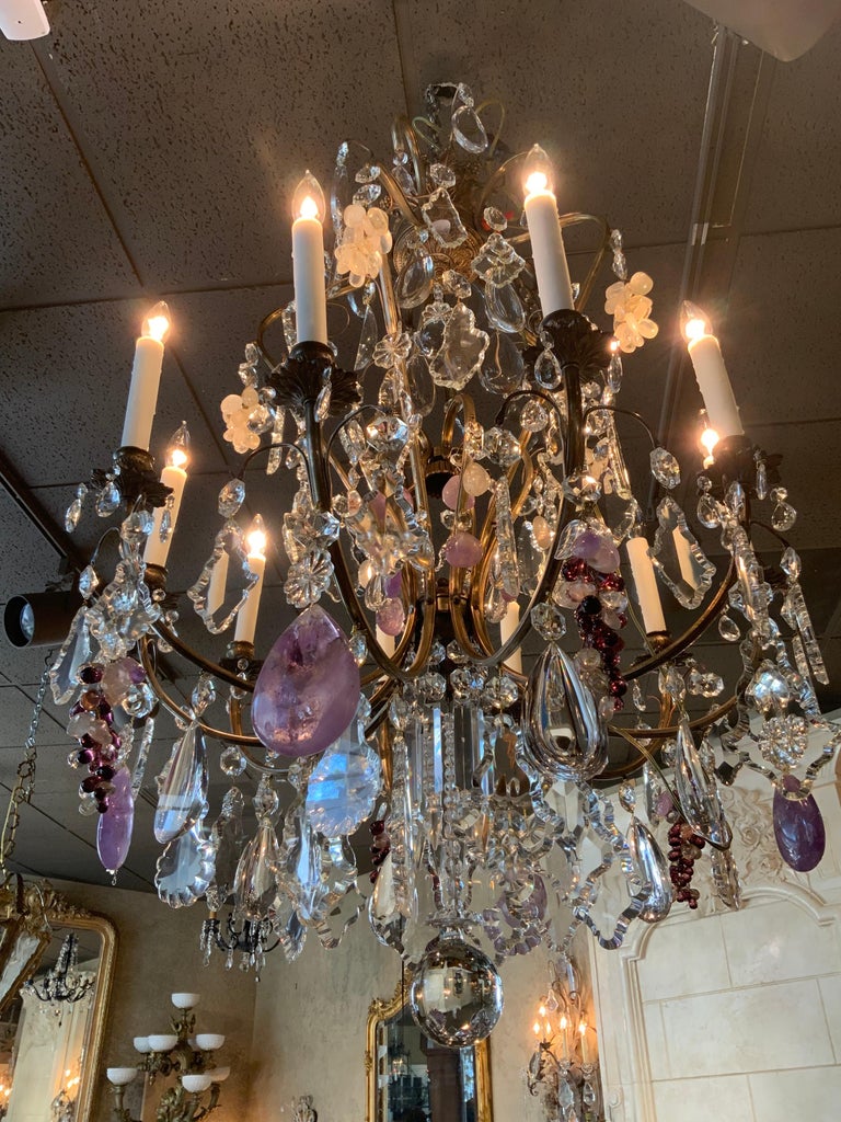 Large French Chandelier with Rock, Clear and Clusters of Amethyst Crystals For Sale 2