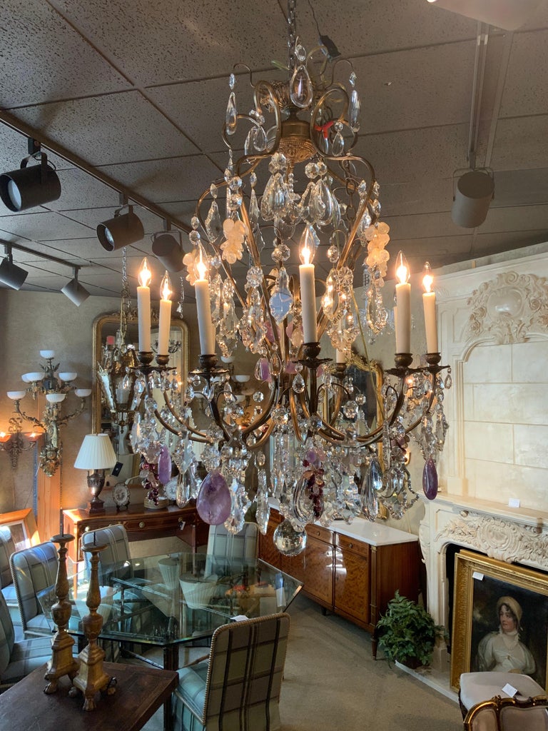 Large French Chandelier with Rock, Clear and Clusters of Amethyst Crystals For Sale 3
