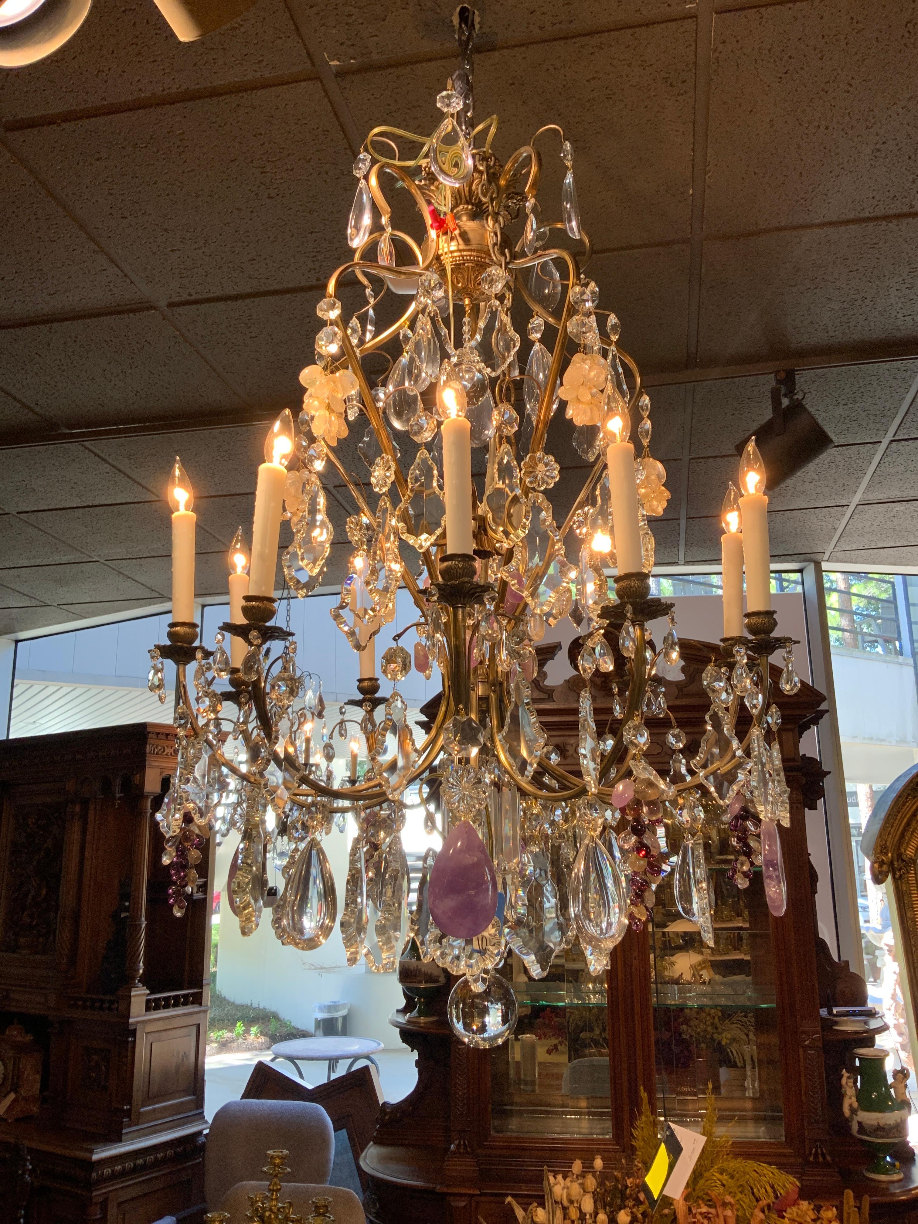 Large French Chandelier with Rock, Clear and Clusters of Amethyst Crystals For Sale 4